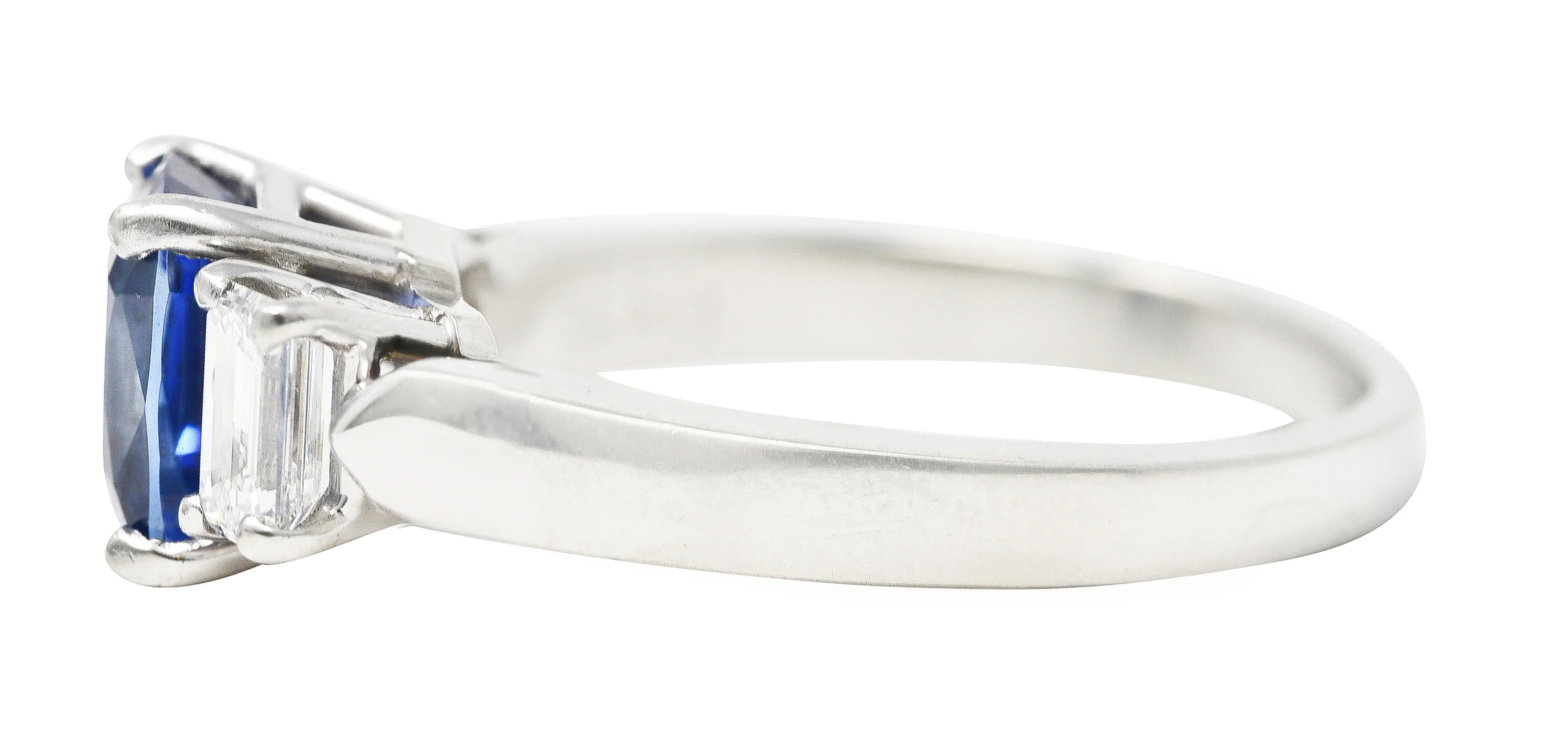 1980's 3.00 CTW Cushion Cut Sapphire Baguette Cut Diamond Platinum Vintage Three Stone Ring - Image 5