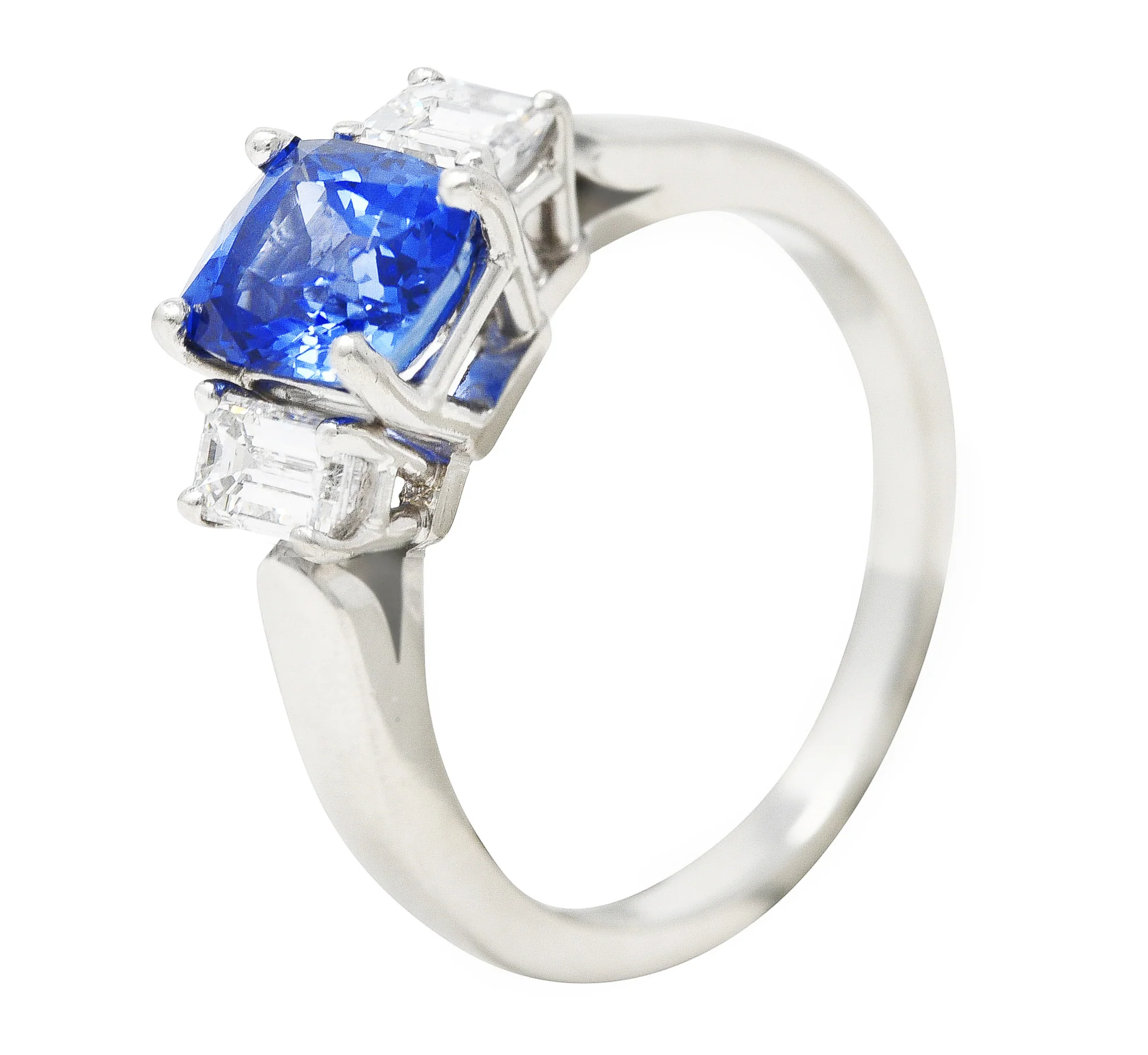 1980's 3.00 CTW Cushion Cut Sapphire Baguette Cut Diamond Platinum Vintage Three Stone Ring - Image 9