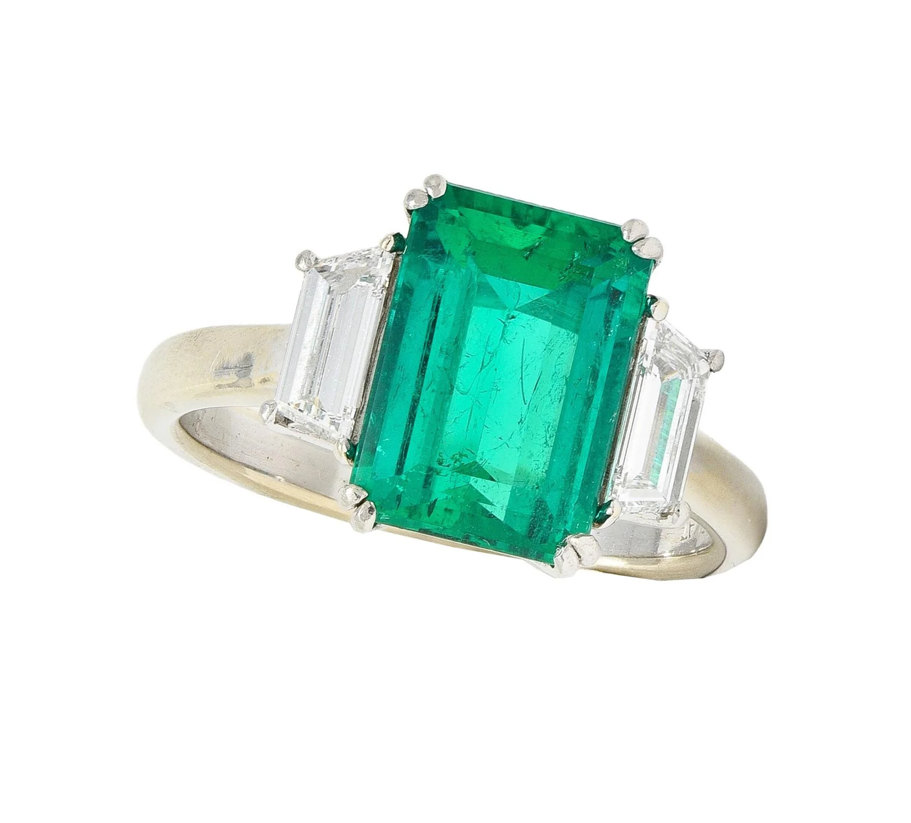 1980's 3.51 CTW Colombian Emerald Diamond Platinum 18 Karat White Gold Vintage Three Stone Ring AGL - Image 6