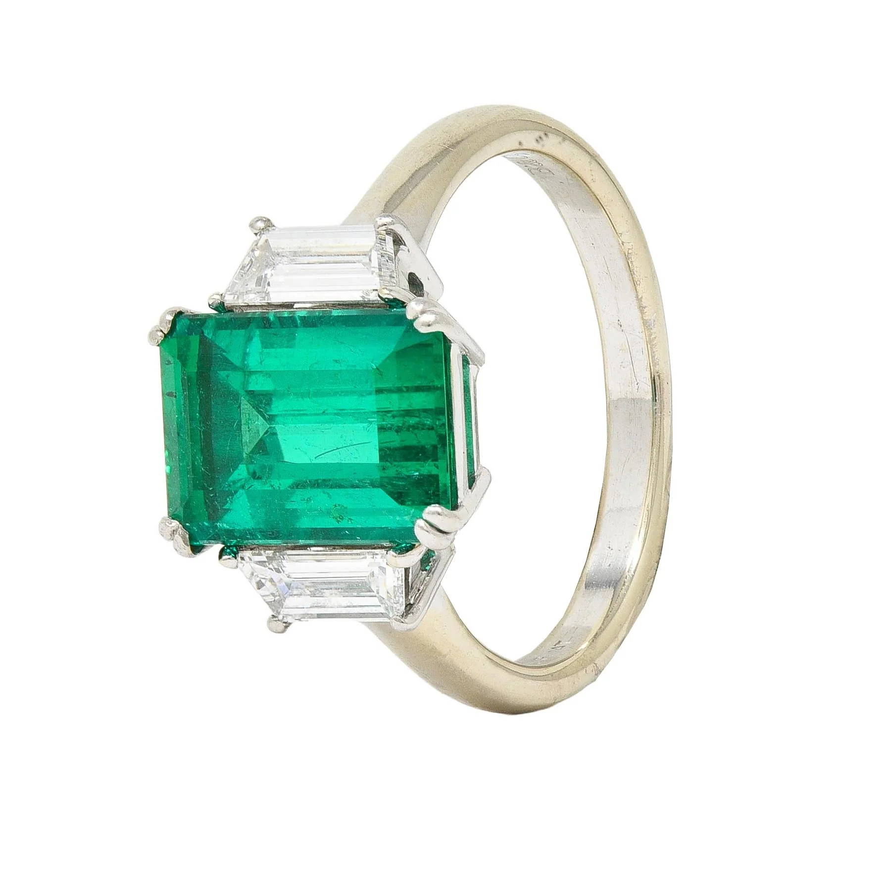 1980's 3.51 CTW Colombian Emerald Diamond Platinum 18 Karat White Gold Vintage Three Stone Ring AGL - Image 8