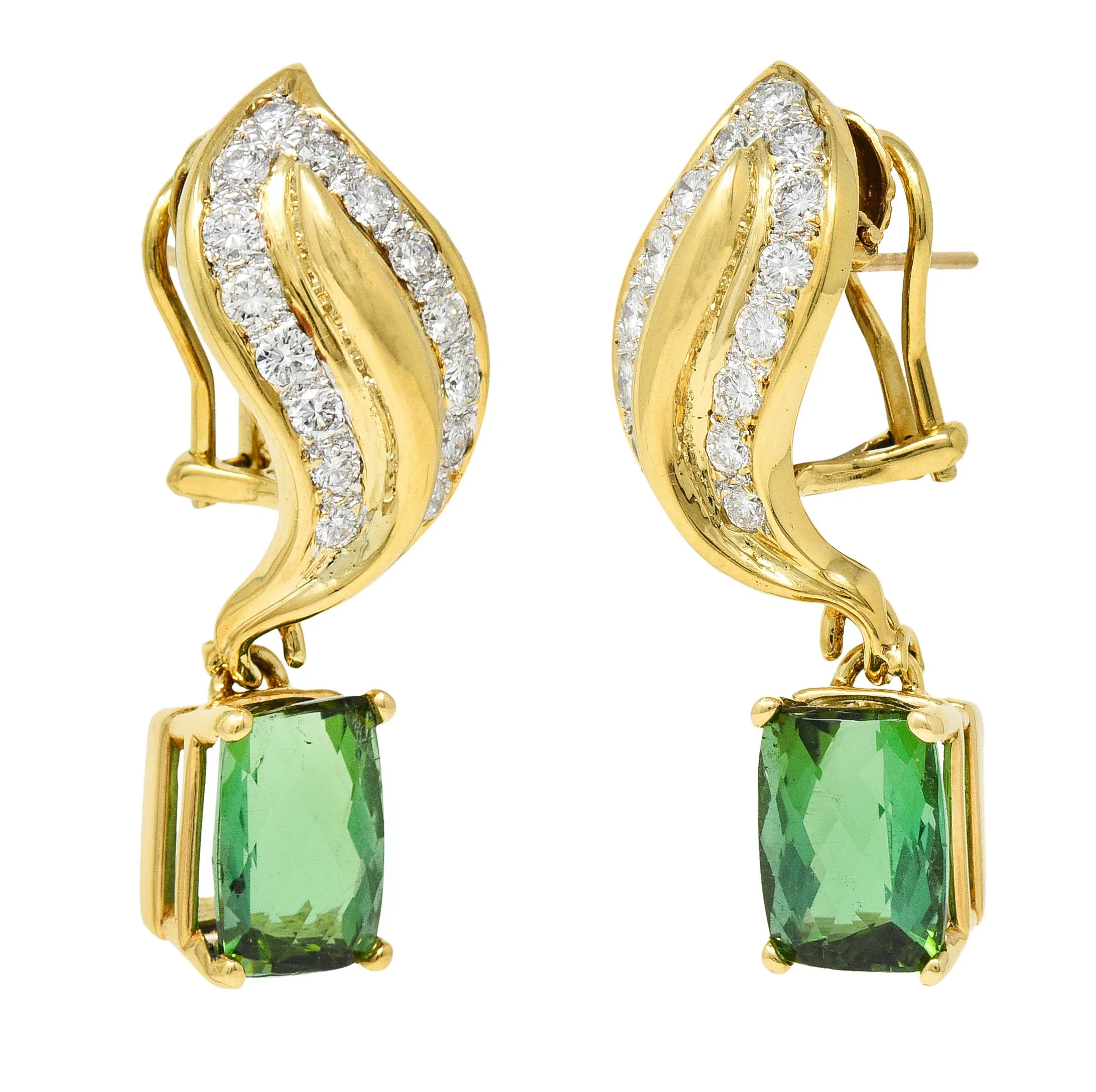 1980's 7.38 CTW Diamond Tourmaline 18 Karat Yellow Gold Leaf Drop Earrings - Image 5