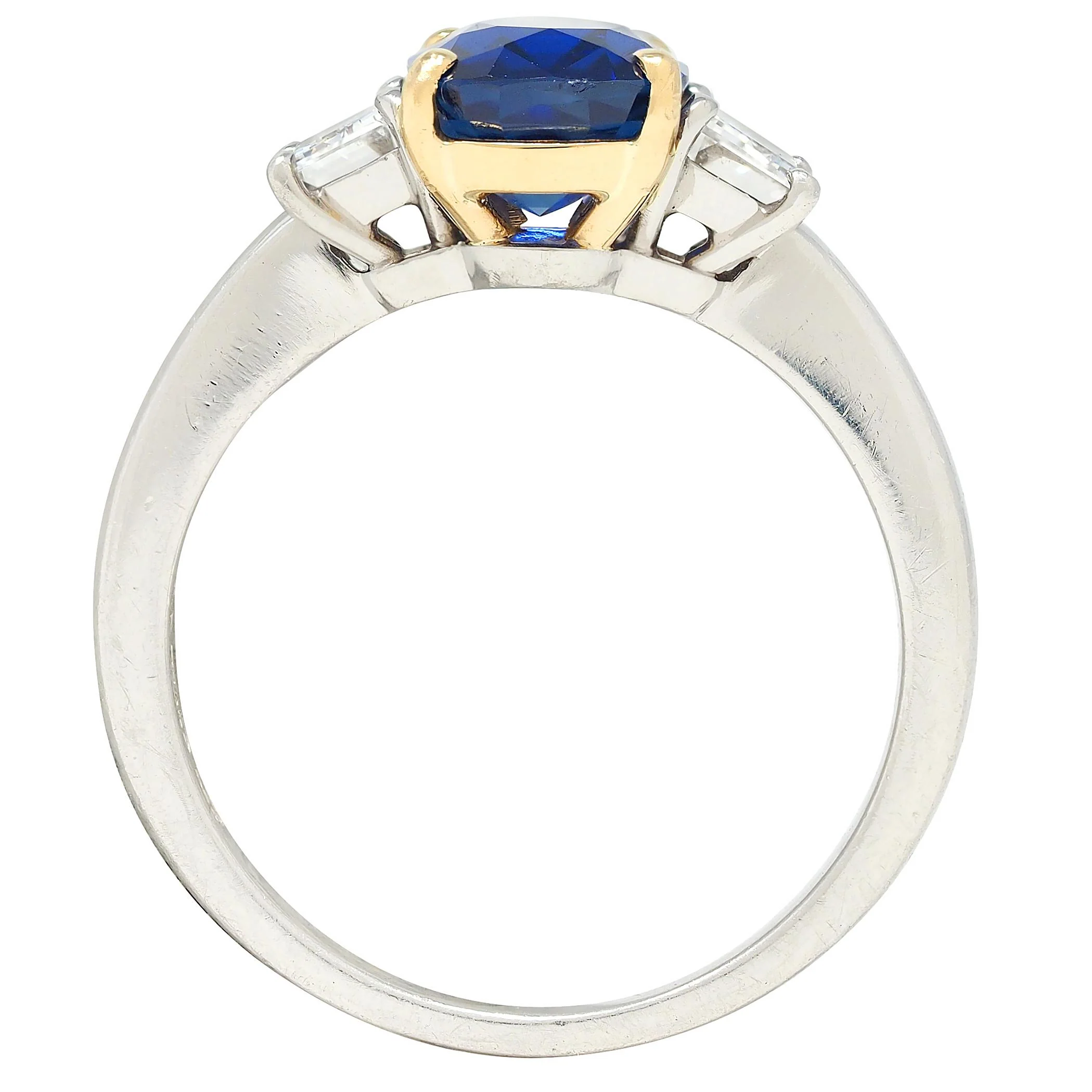 1980's Cartier 3.30 CTW No Heat Sapphire Diamond Platinum 18 Karat Yellow Gold Vintage Three Stone Ring Gubelin - Image 8