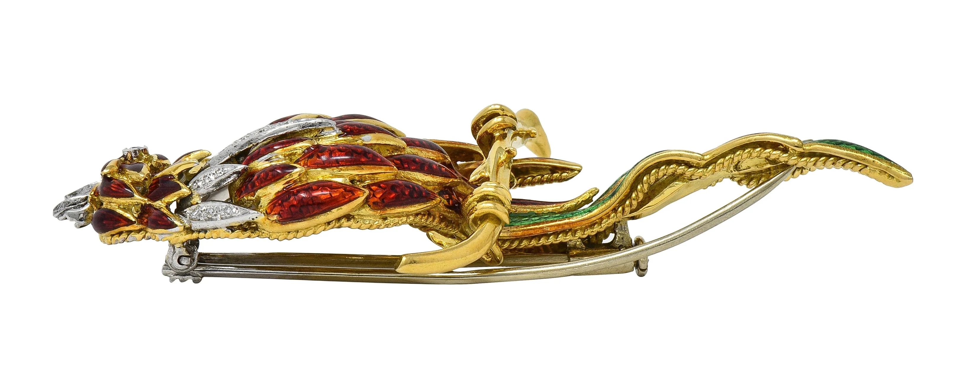 1980's Diamond Enamel 18 Karat Two-Tone Gold Vintage Parrot Brooch - Image 11