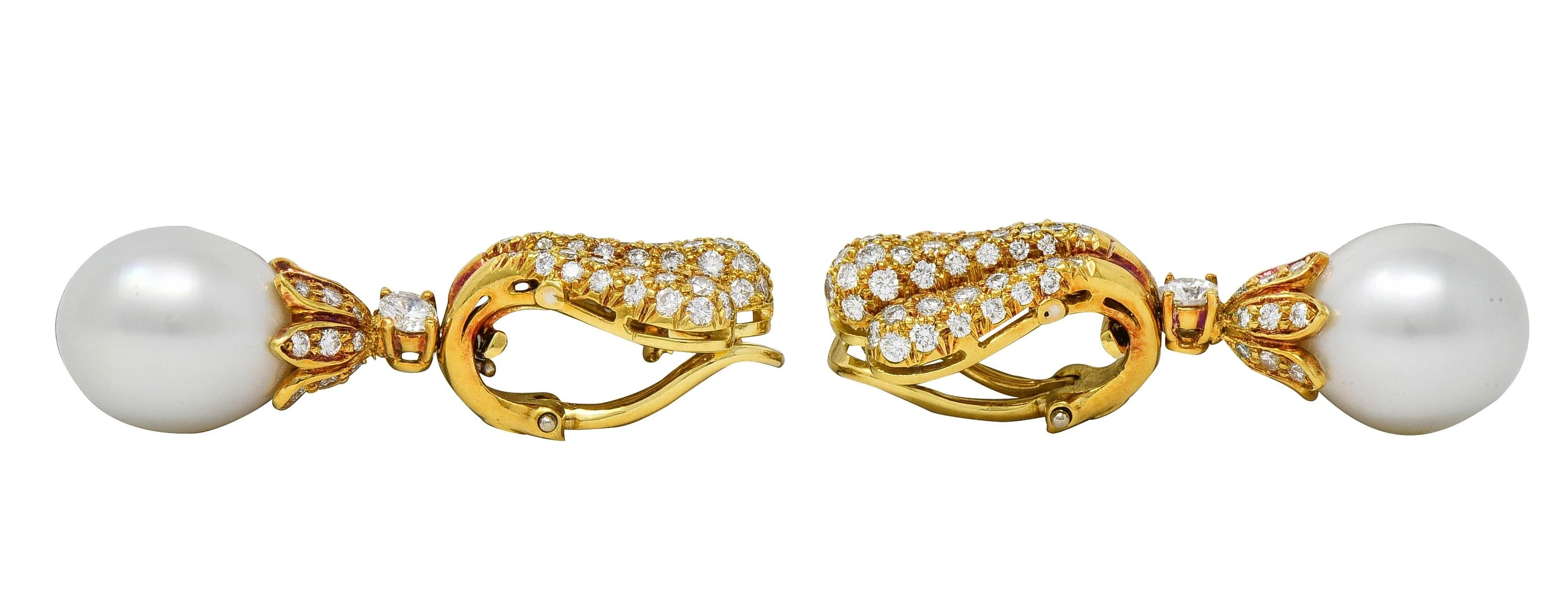 1980's Diamond South Sea Pearl 18 Karat Yellow Gold Vintage Fanning Drop Ear-Clip Earrings - Image 7