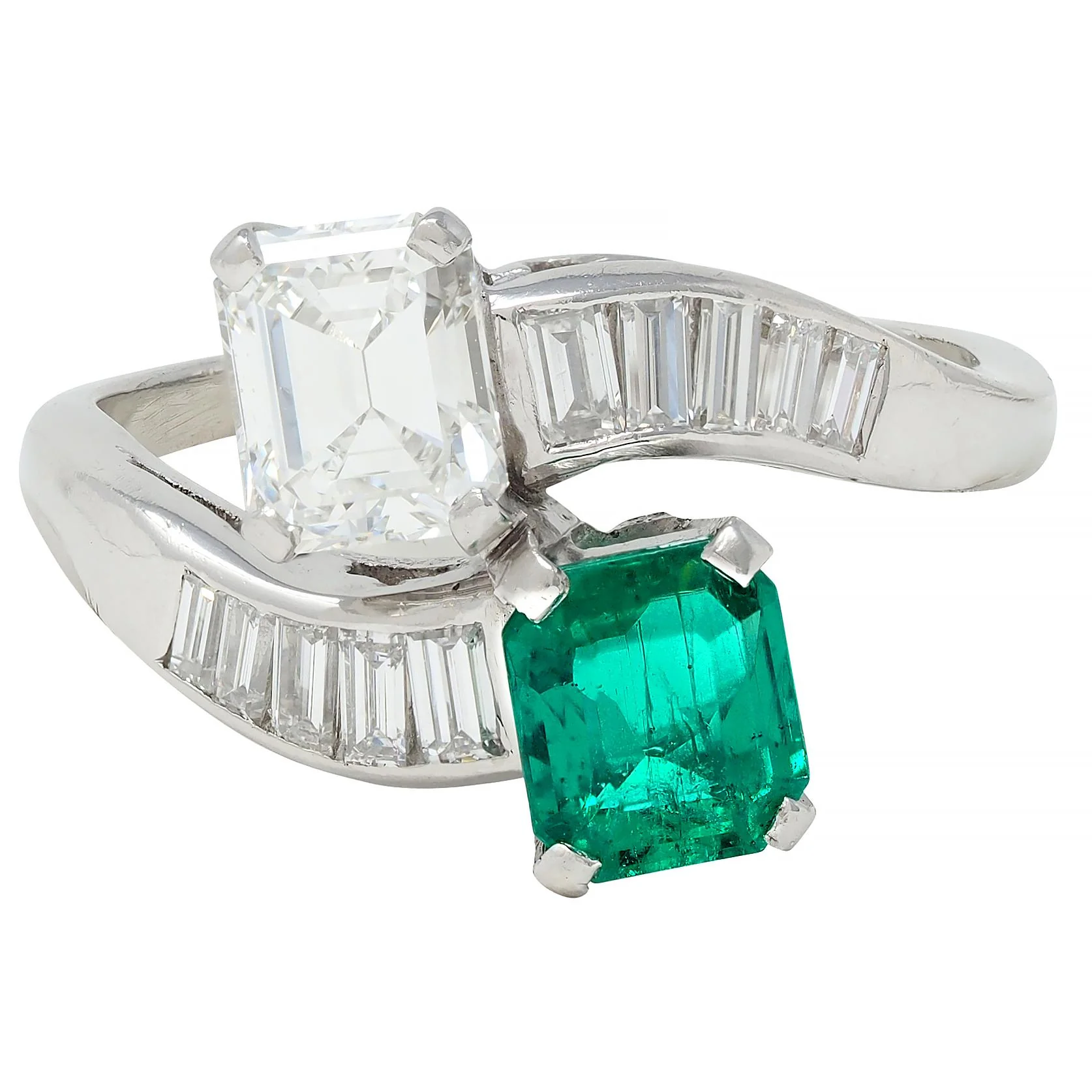 1980's Emerald Diamond Platinum Vintage Toi-Et-Moi Bypass Engagement Ring - Image 10