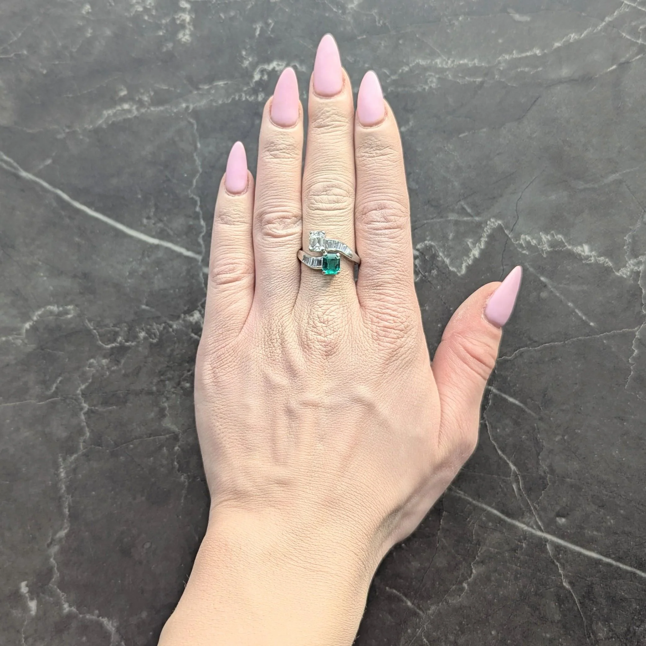 1980's Emerald Diamond Platinum Vintage Toi-Et-Moi Bypass Engagement Ring - Image 11