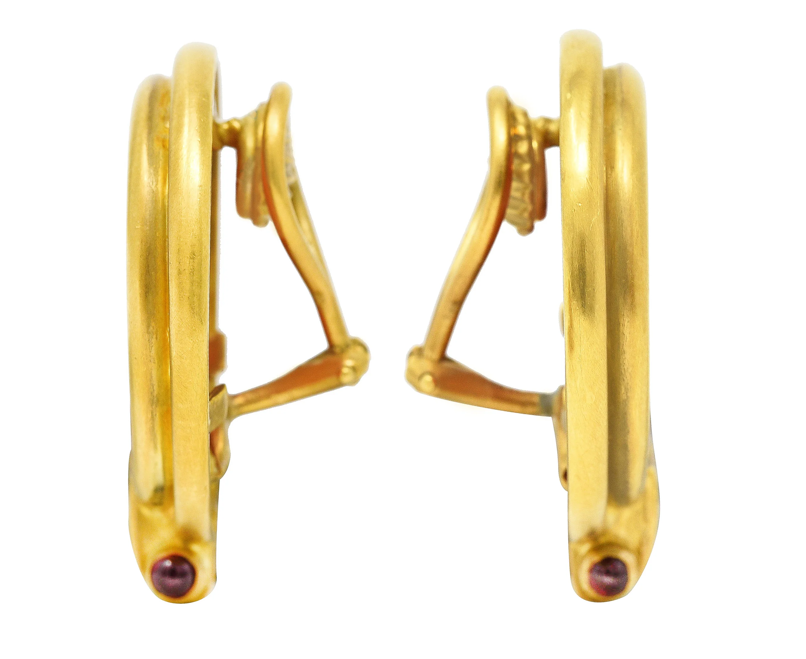 1980's Garnet Carved Glass Cameo 18 Karat Yellow Gold Ancient Coin Ear-Clip Earrings - Image 2