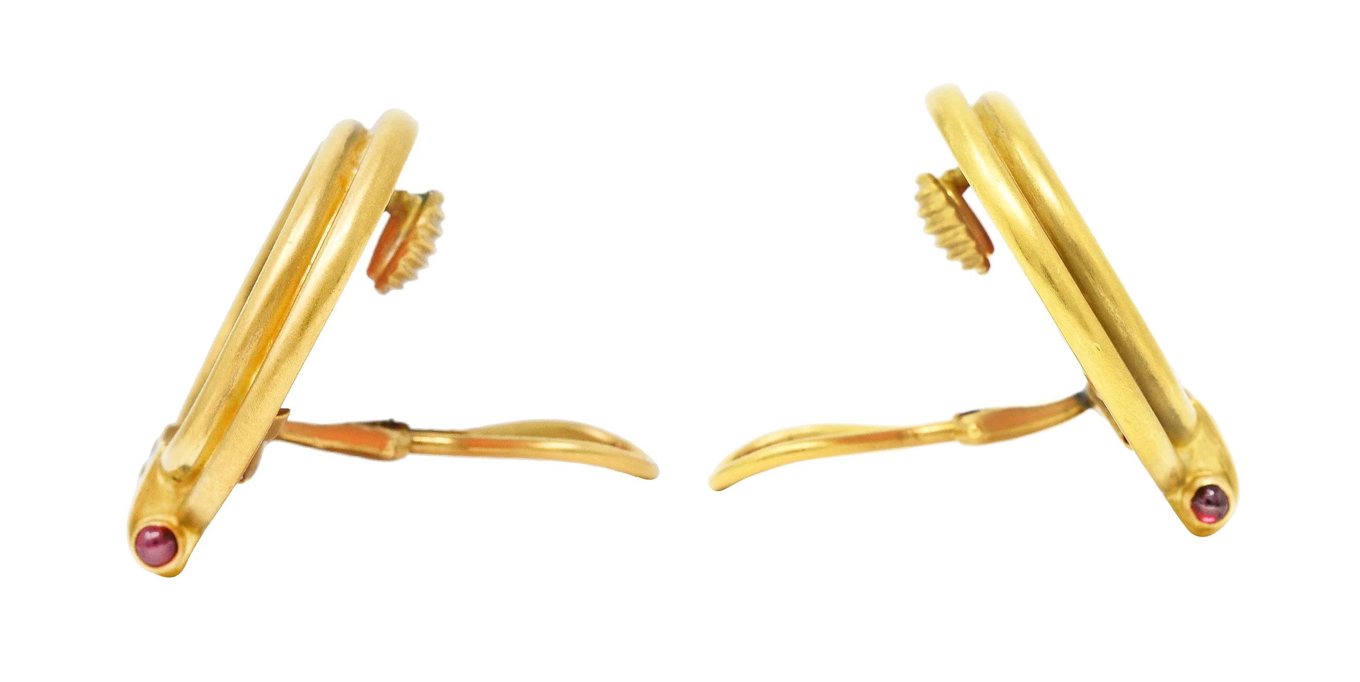 1980's Garnet Carved Glass Cameo 18 Karat Yellow Gold Ancient Coin Ear-Clip Earrings - Image 5