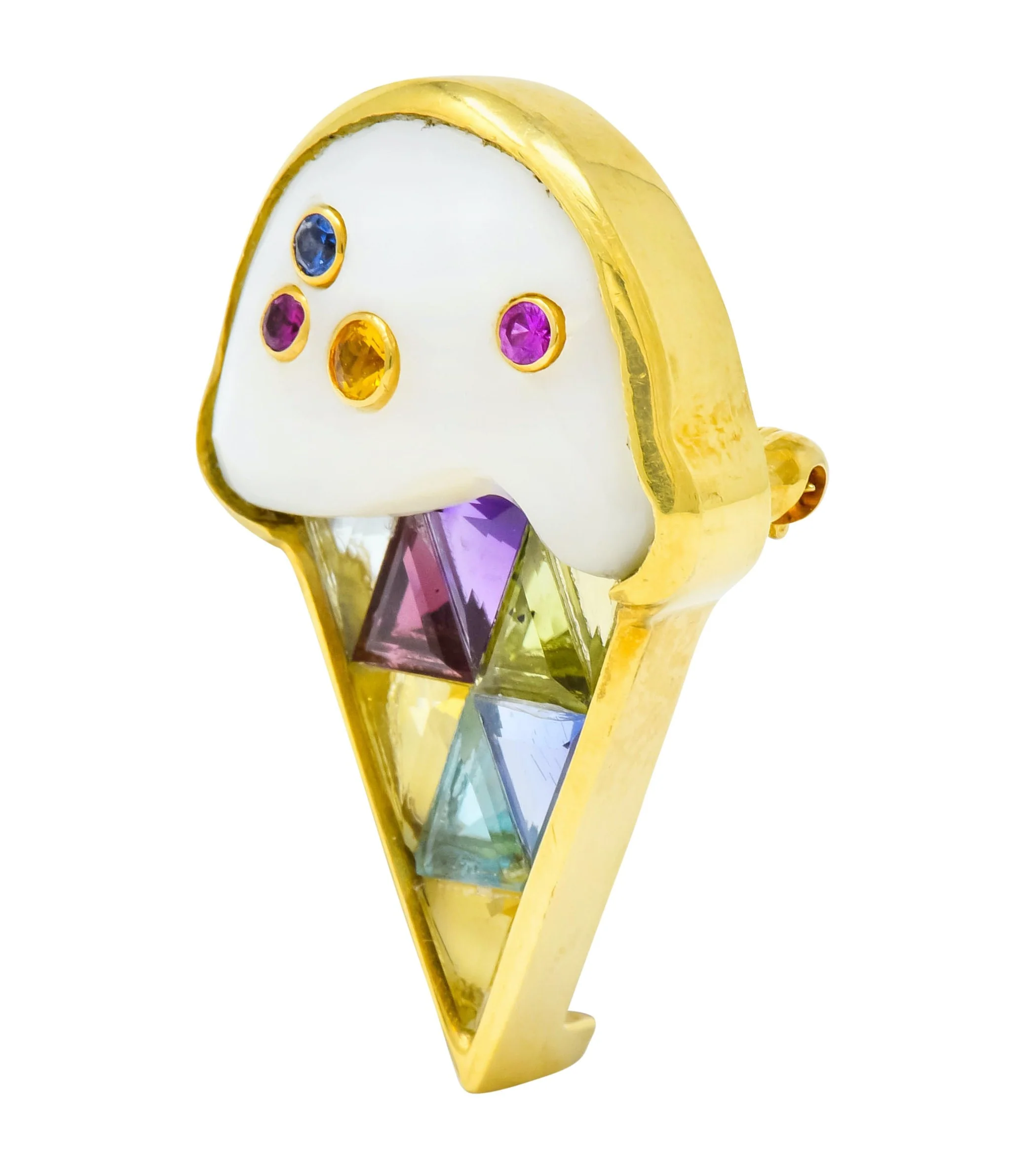 1980s Vintage 18 Karat Gold Invisible Set Multi-Gem Ice Cream Cone Brooch - Image 2