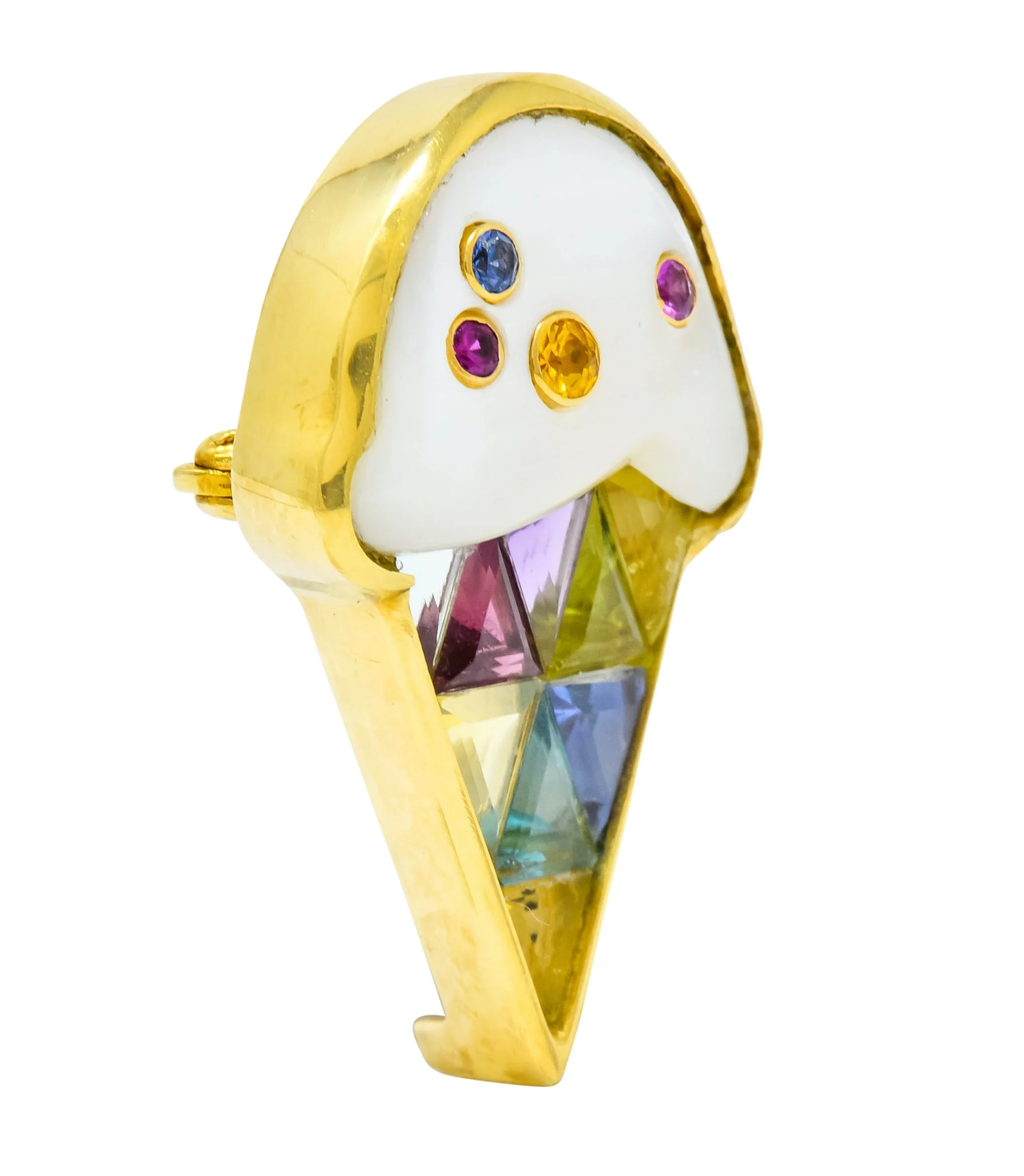 1980s Vintage 18 Karat Gold Invisible Set Multi-Gem Ice Cream Cone Brooch - Image 3