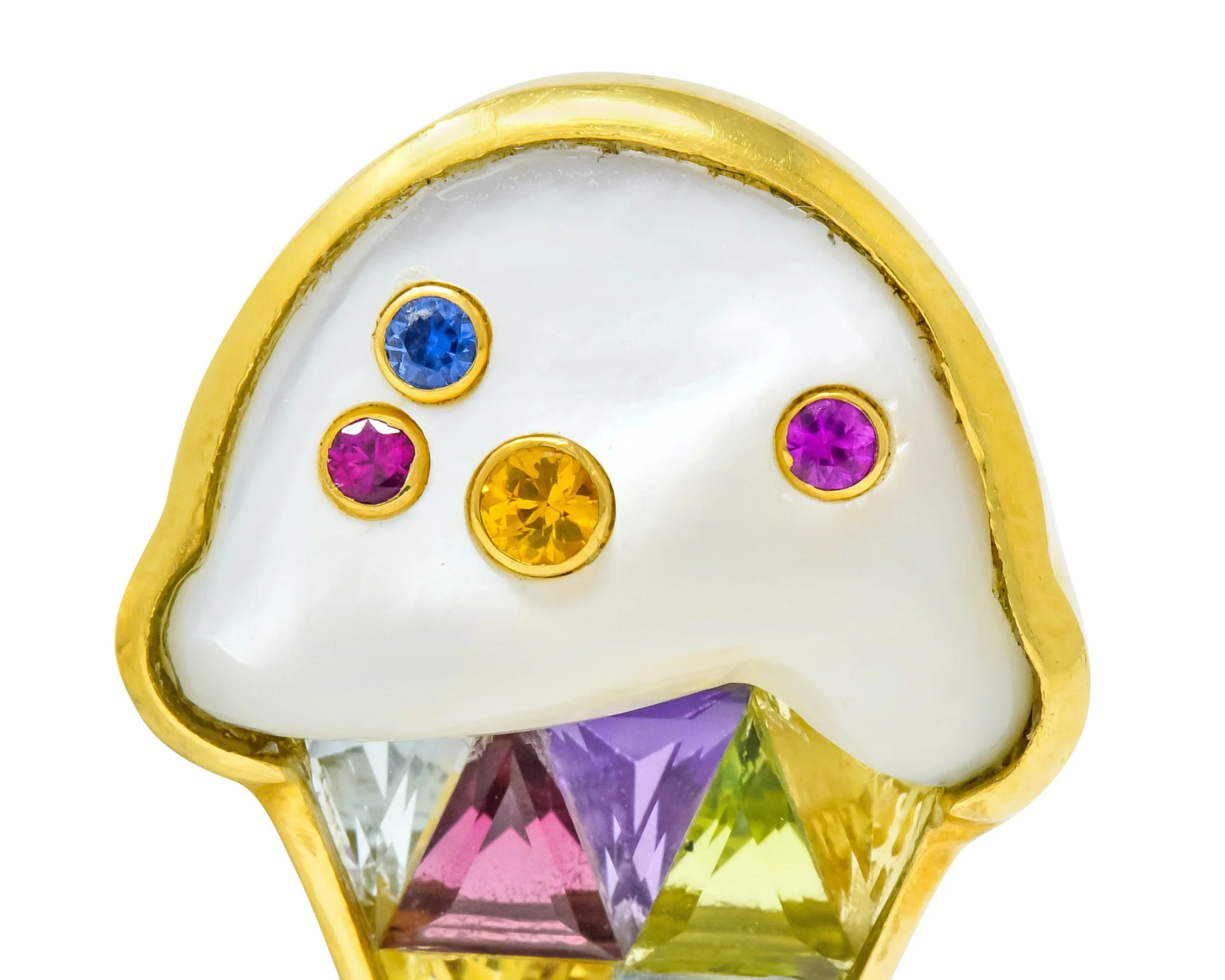 1980s Vintage 18 Karat Gold Invisible Set Multi-Gem Ice Cream Cone Brooch - Image 4