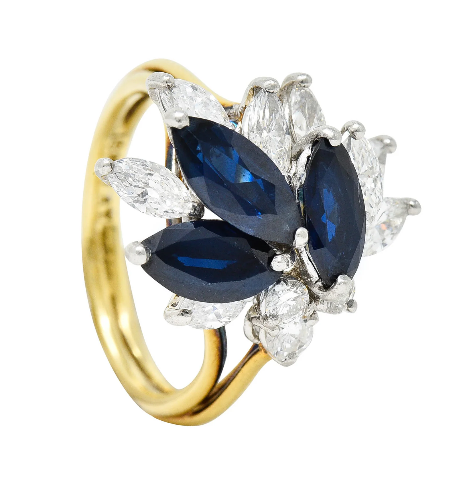1980's Vintage 3.30 CTW Sapphire Diamond Platinum 18 Karat Gold Cluster Ring - Image 12