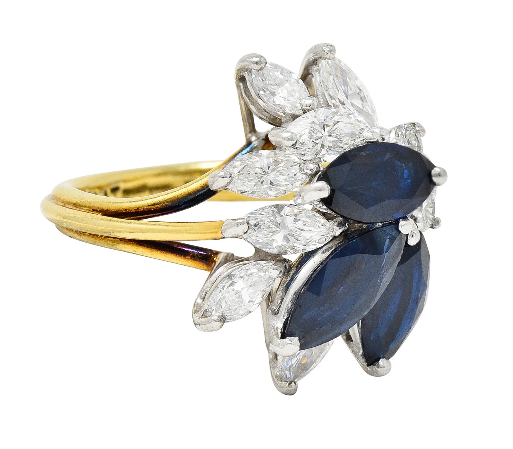 1980's Vintage 3.30 CTW Sapphire Diamond Platinum 18 Karat Gold Cluster Ring - Image 2