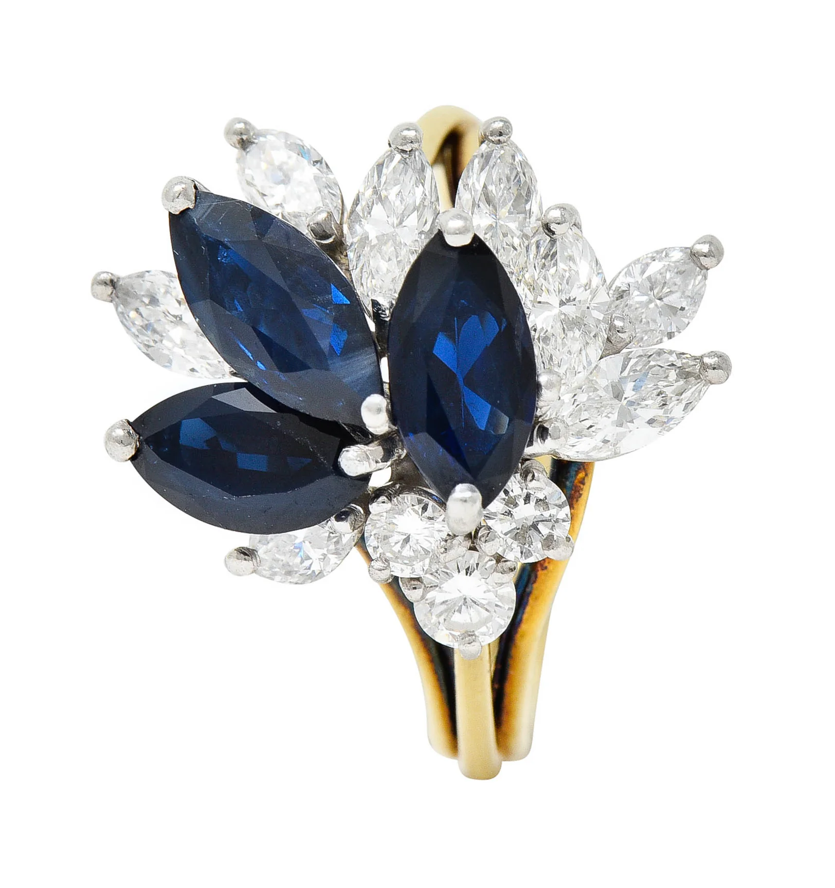 1980's Vintage 3.30 CTW Sapphire Diamond Platinum 18 Karat Gold Cluster Ring - Image 8