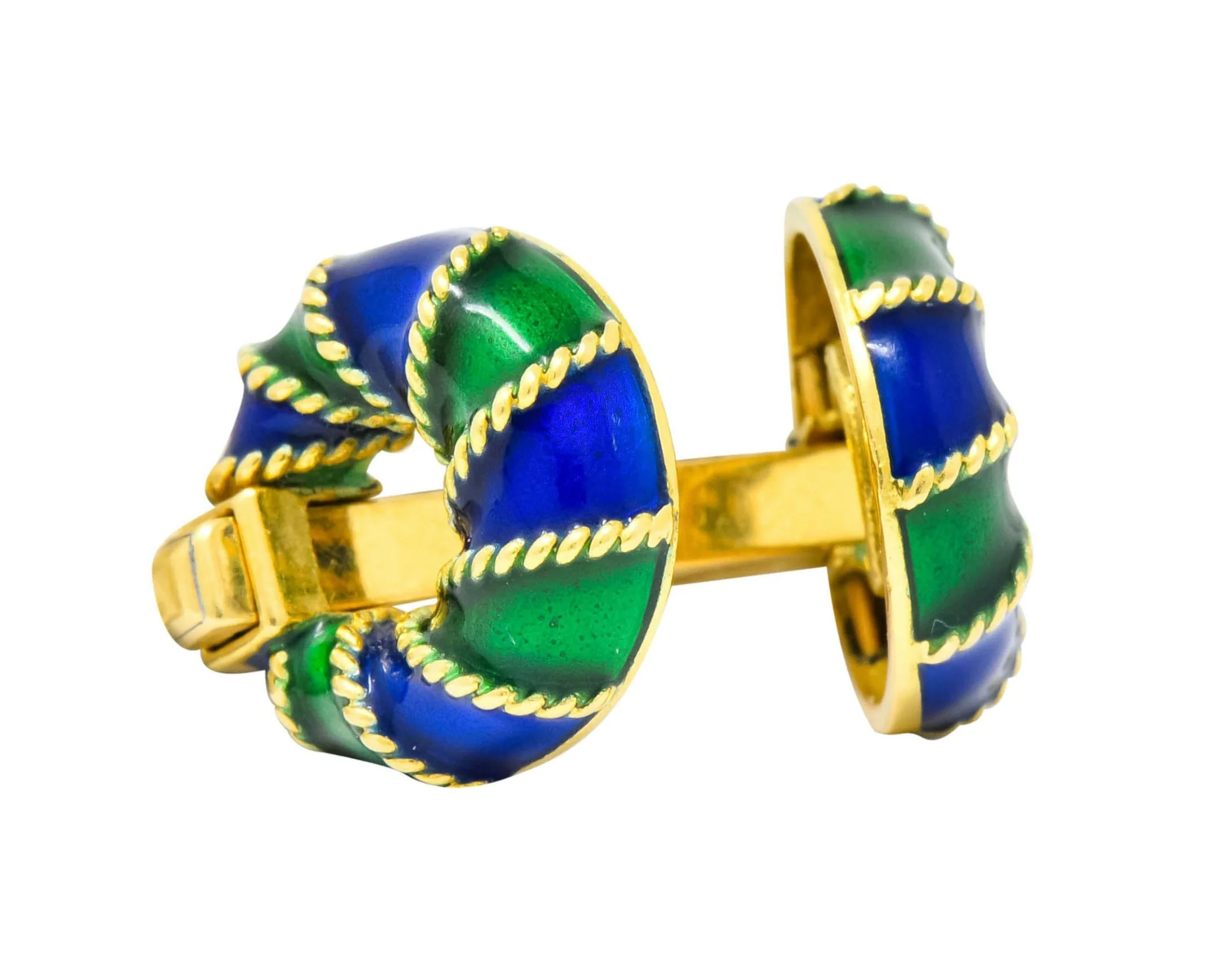 1980's Vintage Green Blue Enamel 18 Karat Gold Men's Cufflinks - Image 2