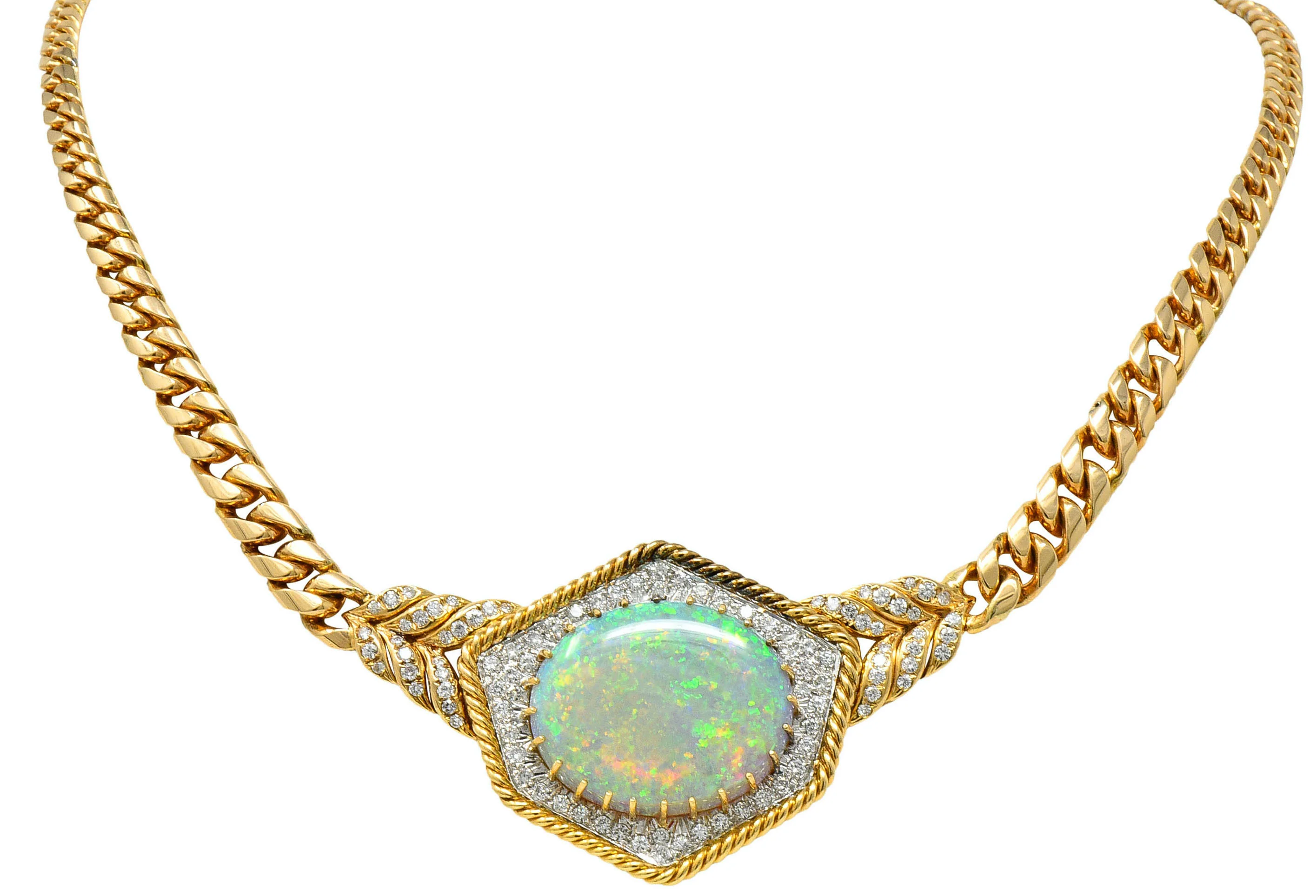 1980's Vintage Opal Diamond 18 Karat Two-Tone Gold Statement Necklace - Image 3