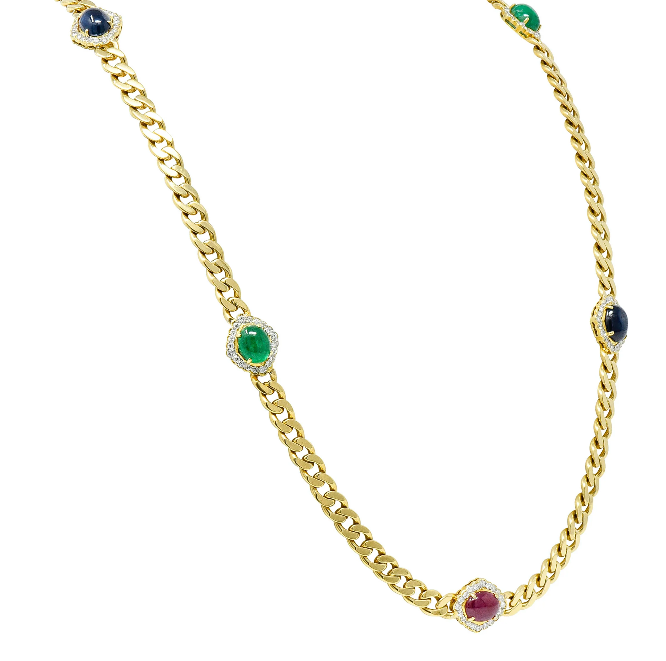 1980's Vintage Sapphire Emerald Ruby Diamond 18 Karat Gold Station Necklace - Image 4