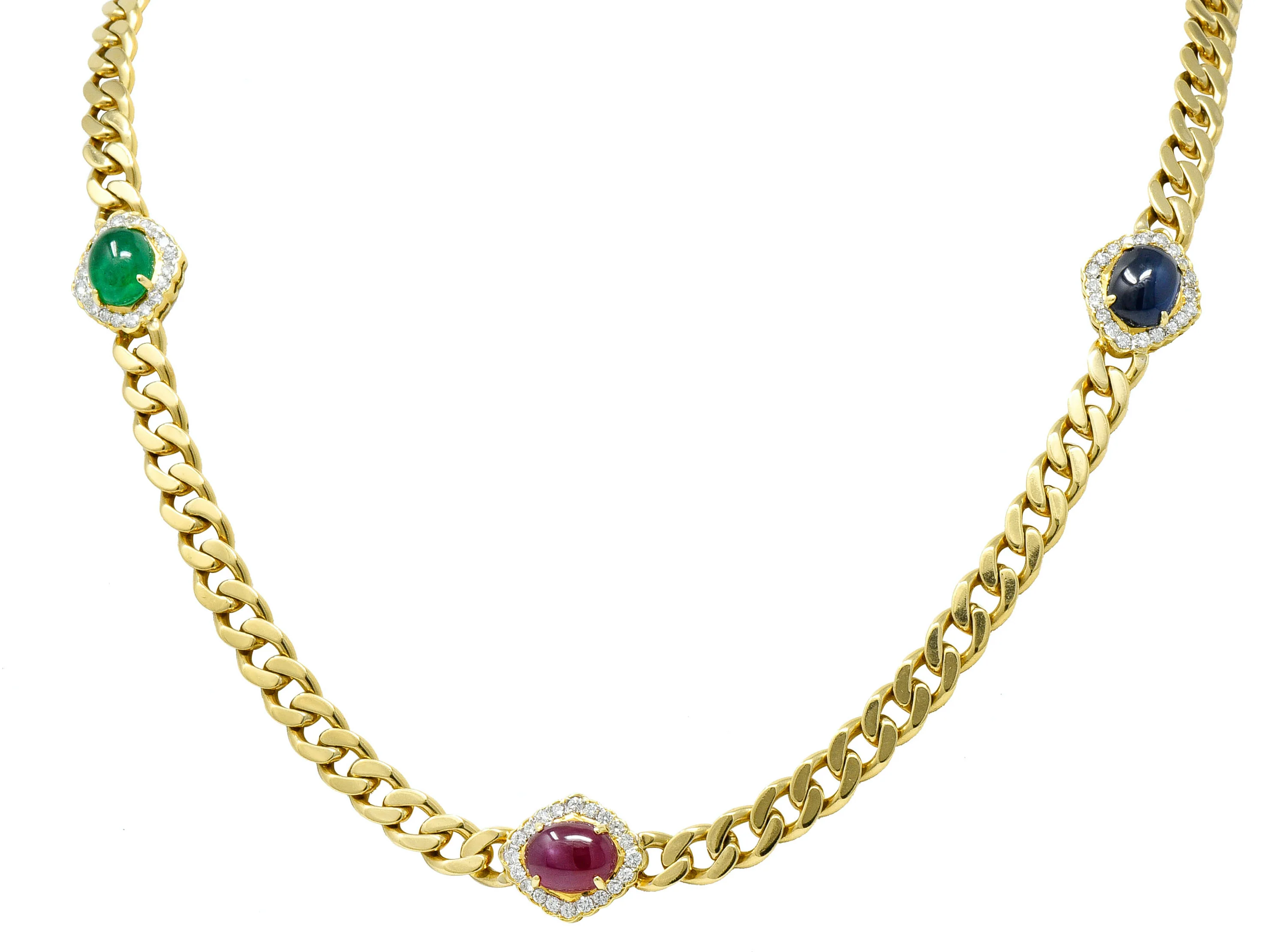 1980's Vintage Sapphire Emerald Ruby Diamond 18 Karat Gold Station Necklace - Image 5