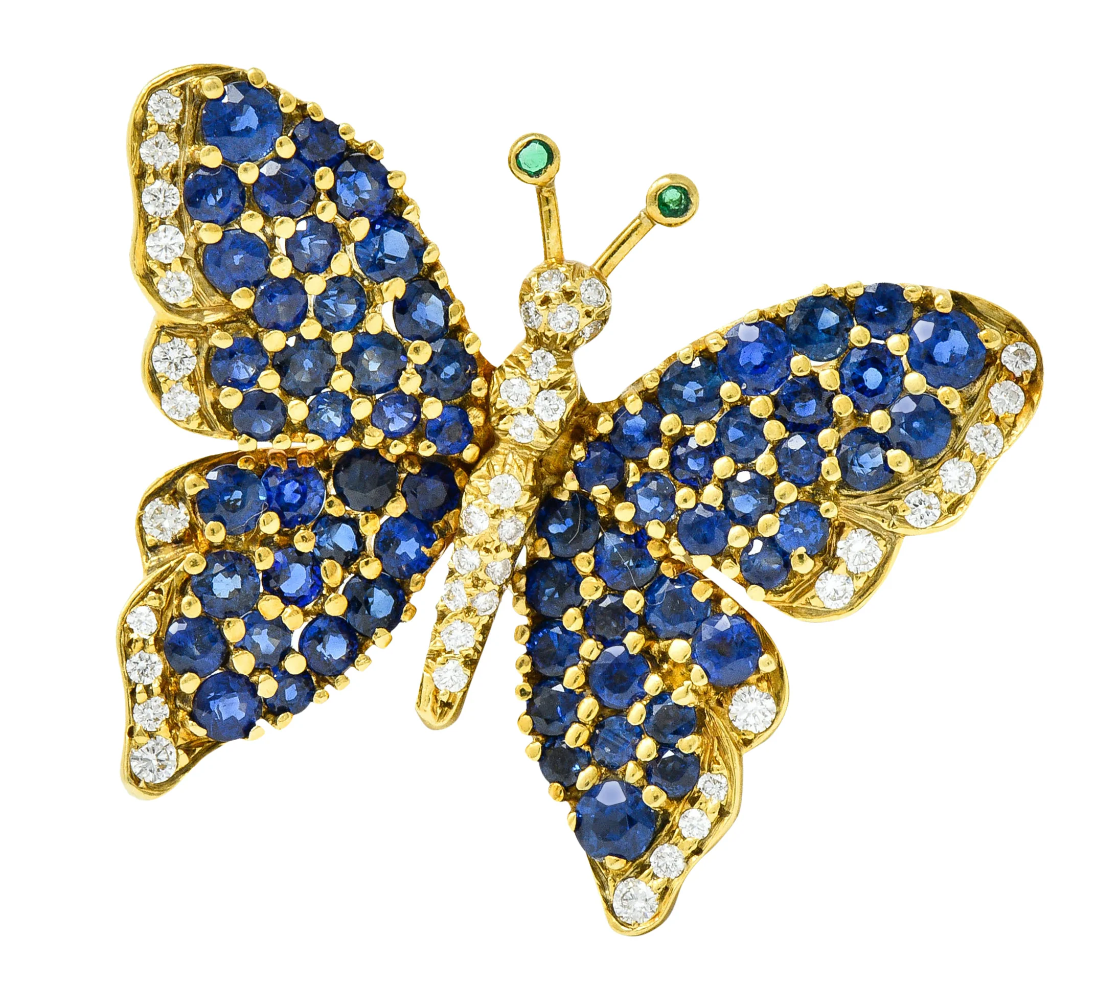 1989 Tiffany & Co. 4.22 CTW Sapphire Diamond Emerald 18 Karat Gold Butterfly Brooch - Image 7