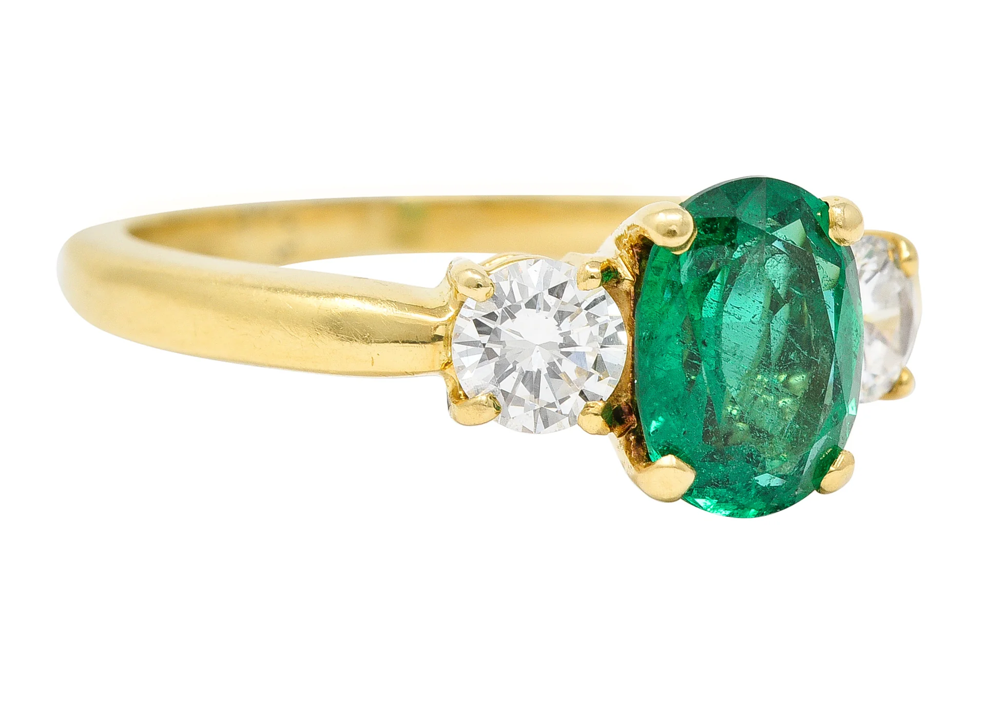 1990's 1.60 CTW Oval Cut Emerald Diamond 18 Karat Yellow Gold Vintage Three Stone GIA - Image 2