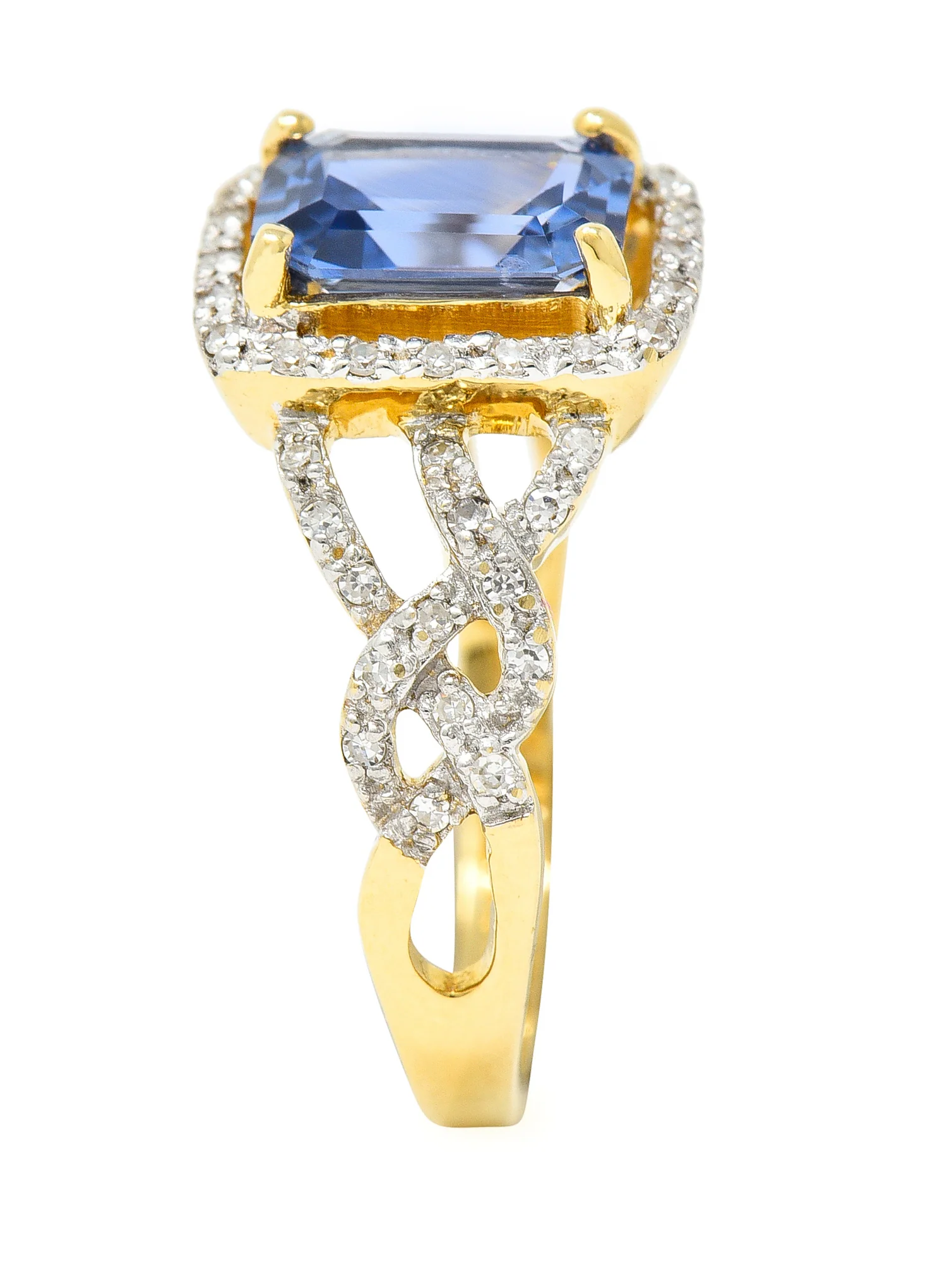 1990's 2.19 CTW Emerald Cut Sapphire Diamond 18 Karat Two-Tone Gold Braided Vintage Halo Ring - Image 11