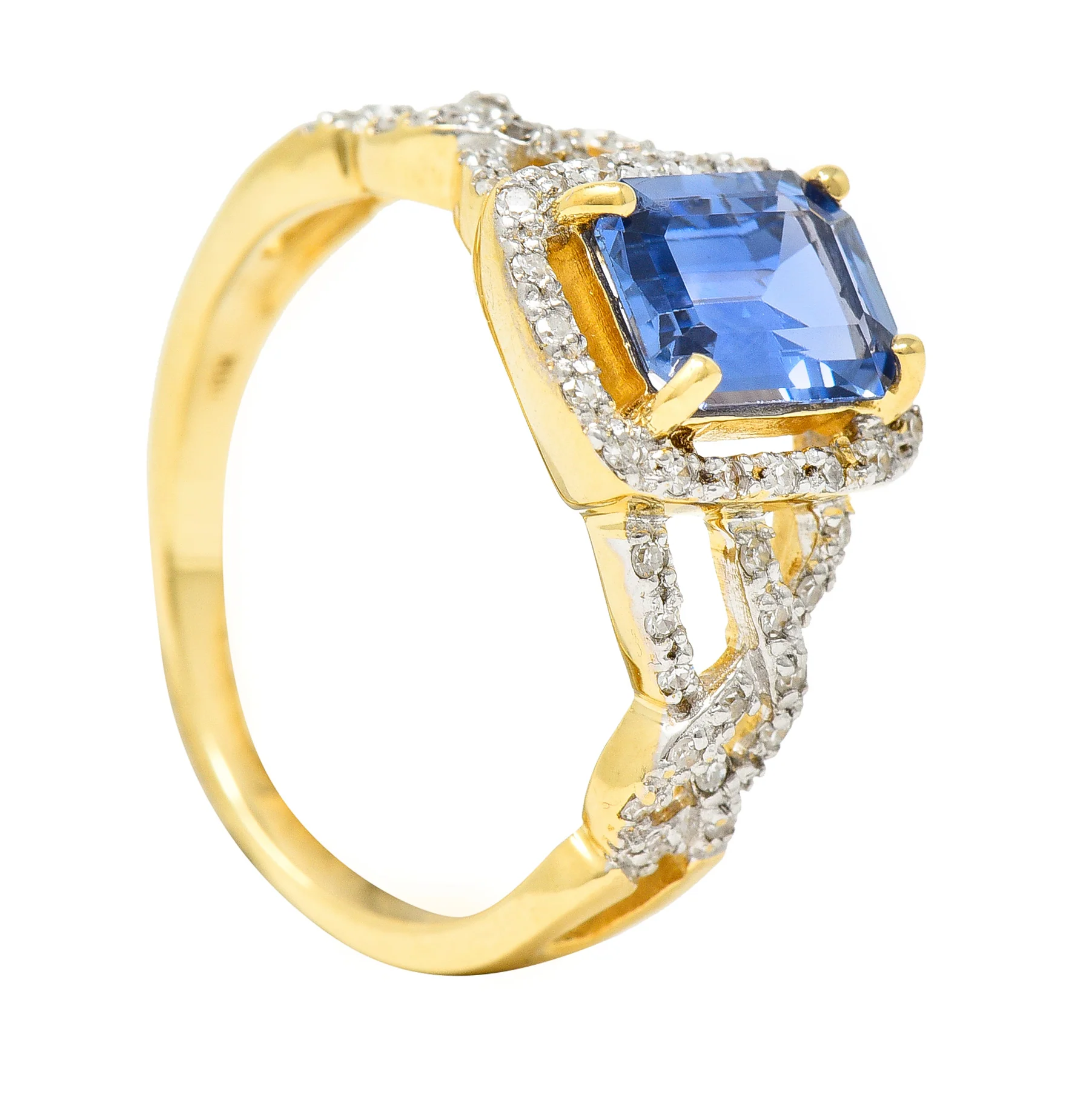 1990's 2.19 CTW Emerald Cut Sapphire Diamond 18 Karat Two-Tone Gold Braided Vintage Halo Ring - Image 12