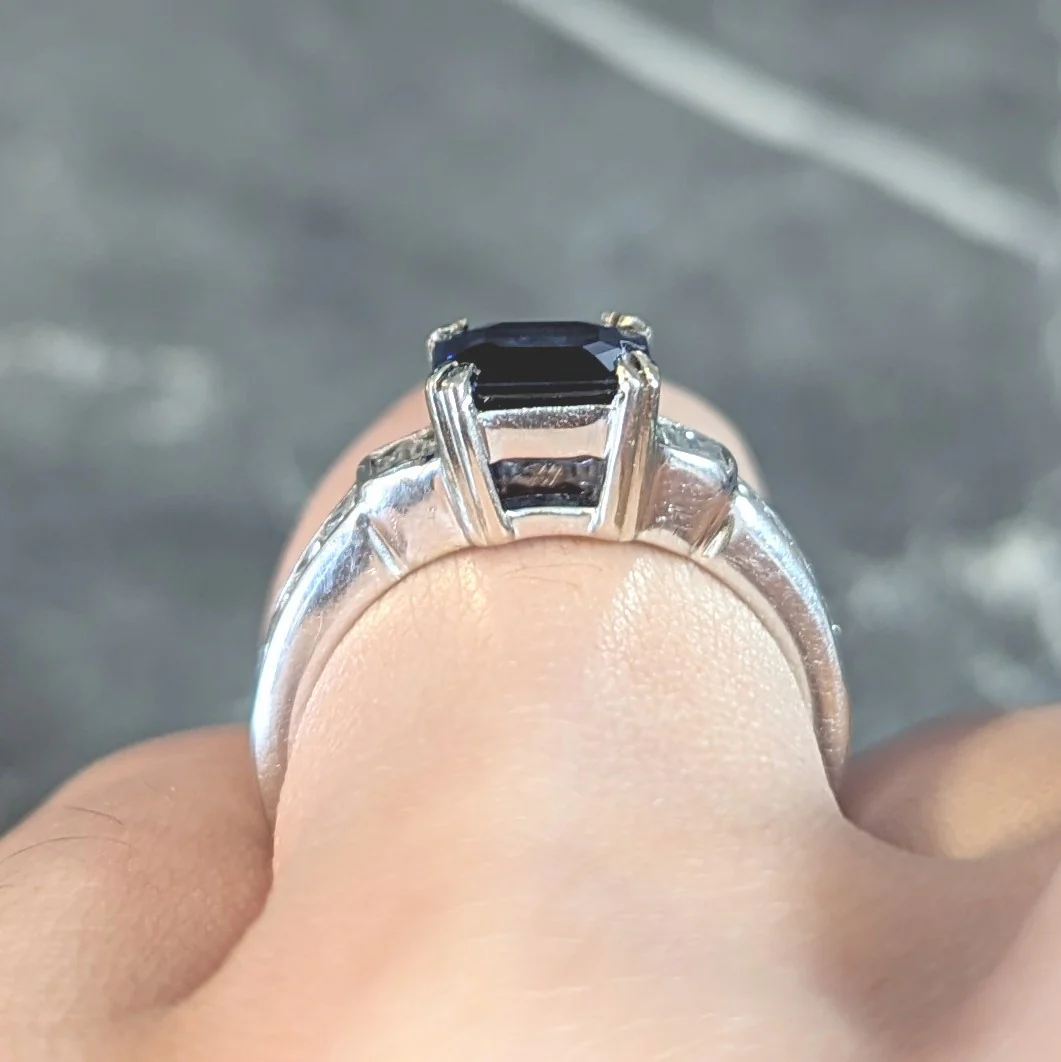 1990's 2.71 CTW Asscher Cut Sapphire Diamond 18 Karat White Gold Ring GIA - Image 14