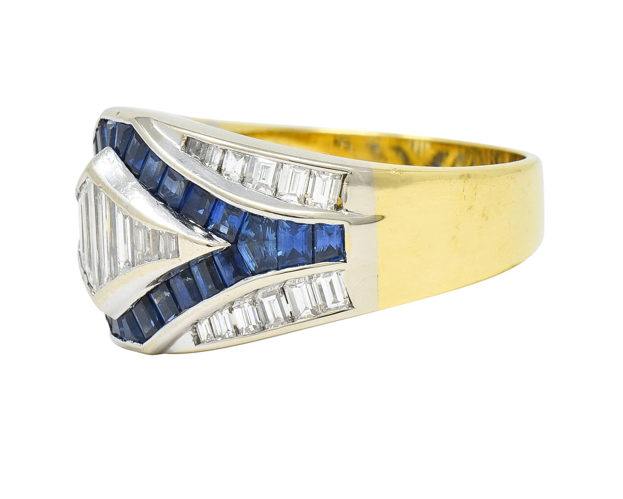 1990's 3.86 CTW Sapphire Diamond 18 Karat Two-Tone Gold Channel Band Ring - Image 5