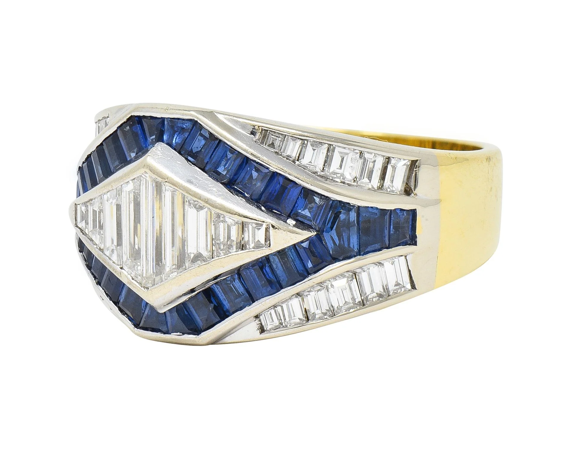 1990's 3.86 CTW Sapphire Diamond 18 Karat Two-Tone Gold Channel Band Ring - Image 6