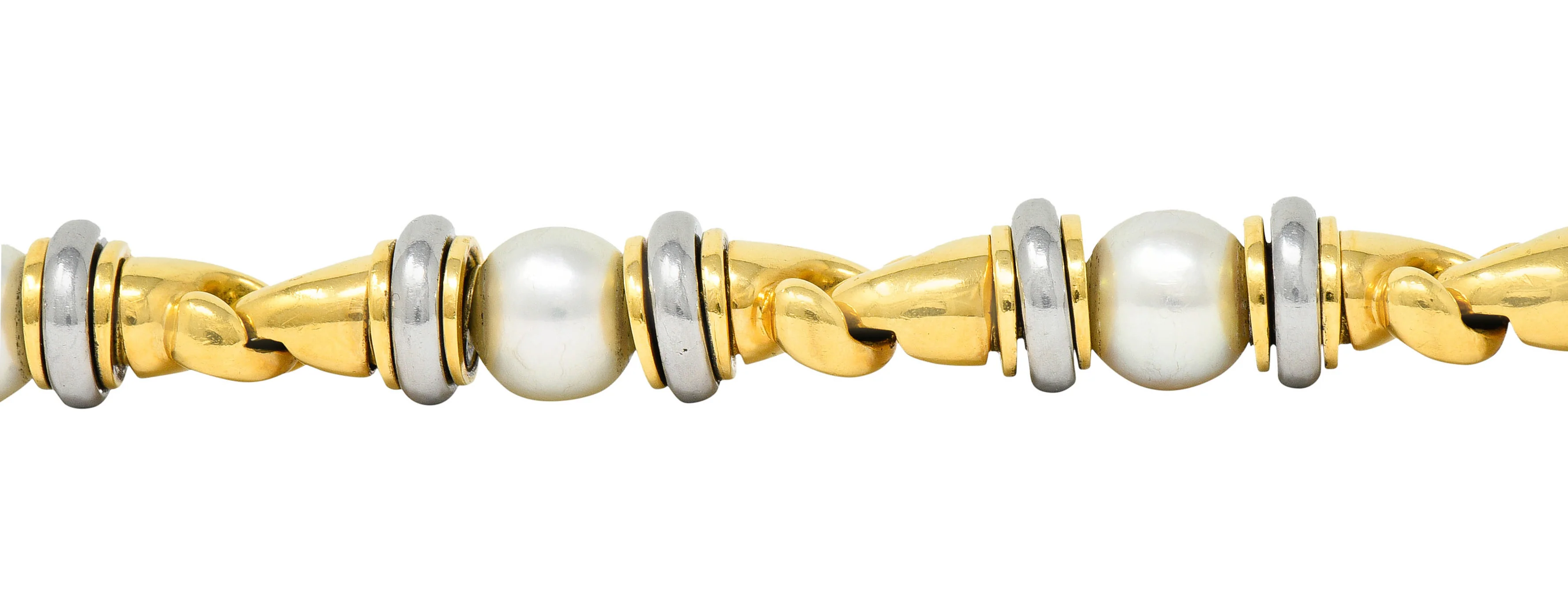 1990's Bulgari Cultured Pearl 18 Karat Gold Stainless Steel Gancio Italian Link Bracelet - Image 11