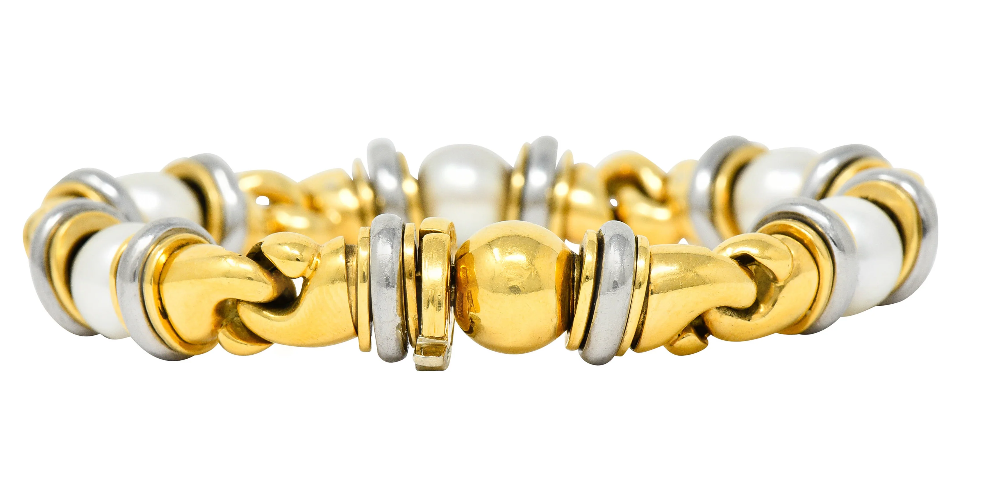 1990's Bulgari Cultured Pearl 18 Karat Gold Stainless Steel Gancio Italian Link Bracelet - Image 12