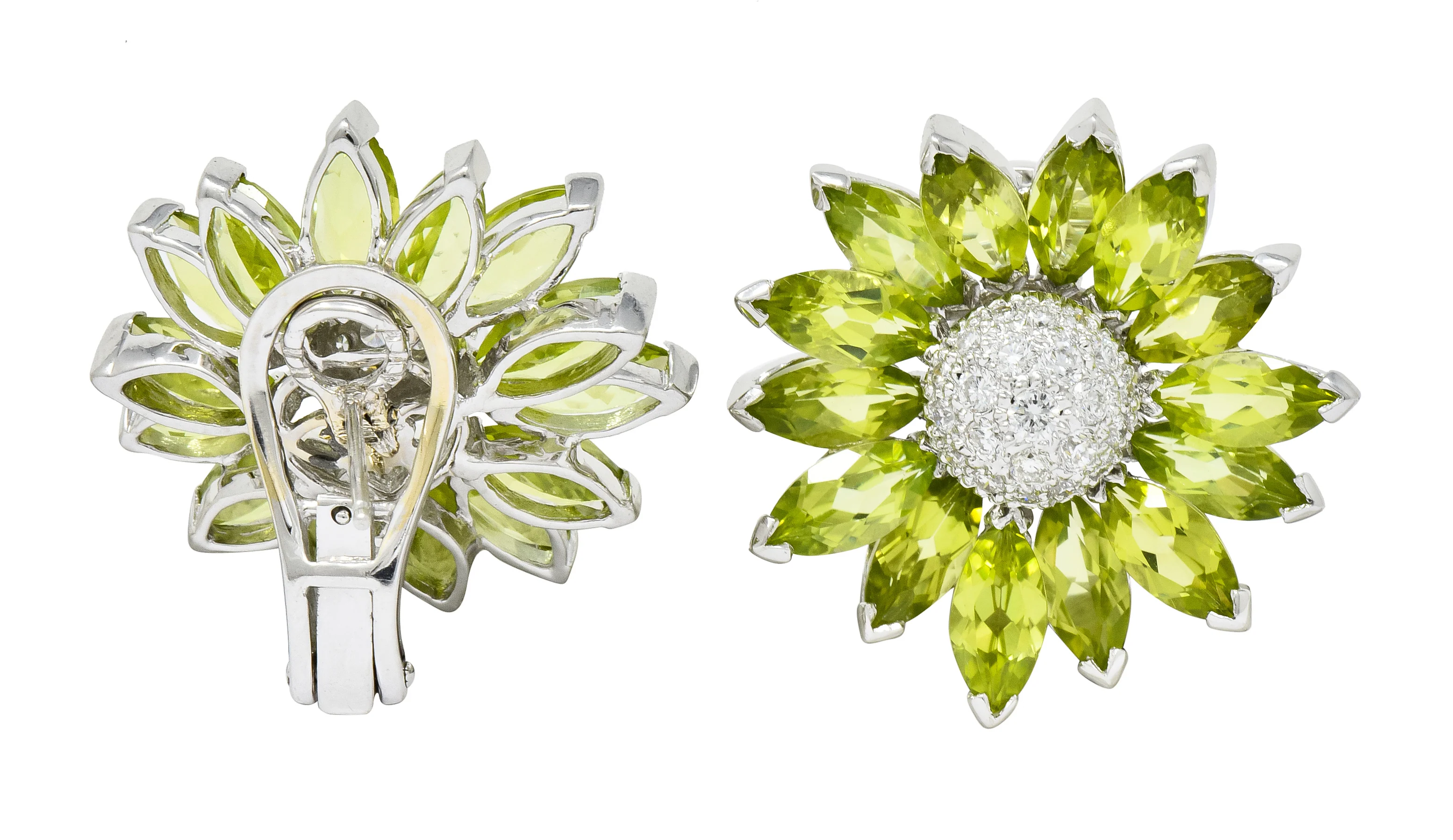 1990's Contemporary Diamond Peridot 18 Karat White Gold Radiating Floral Earrings - Image 10