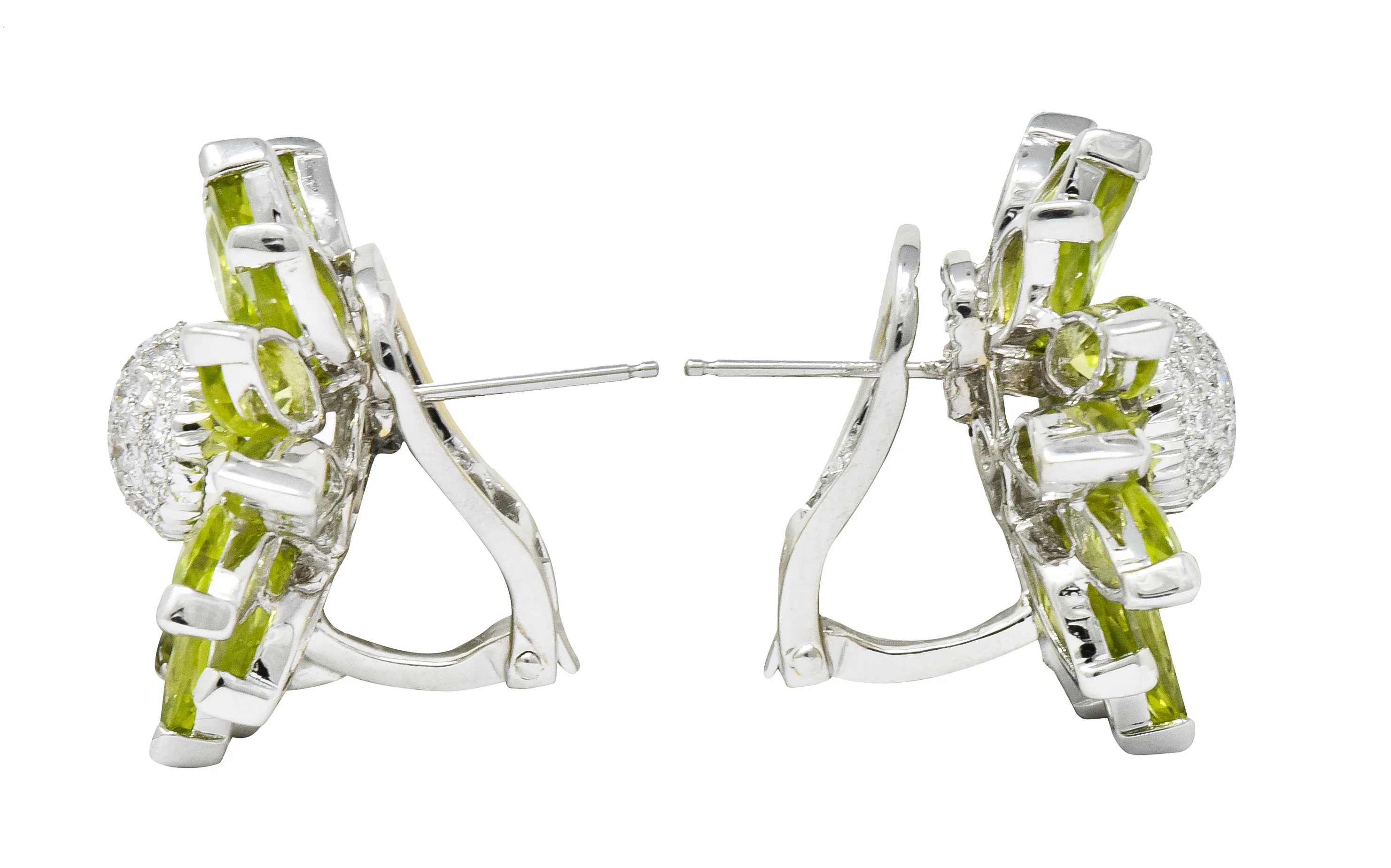 1990's Contemporary Diamond Peridot 18 Karat White Gold Radiating Floral Earrings - Image 2