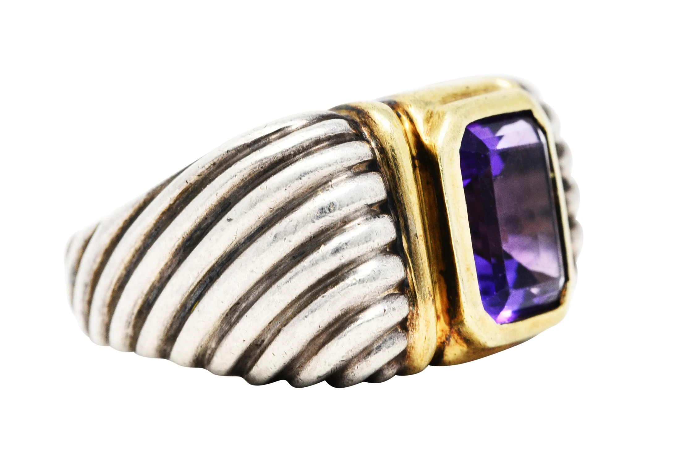 1990's David Yurman Amethyst 14 Karat Gold Sterling Silver Classic Cable Ring - Image 2