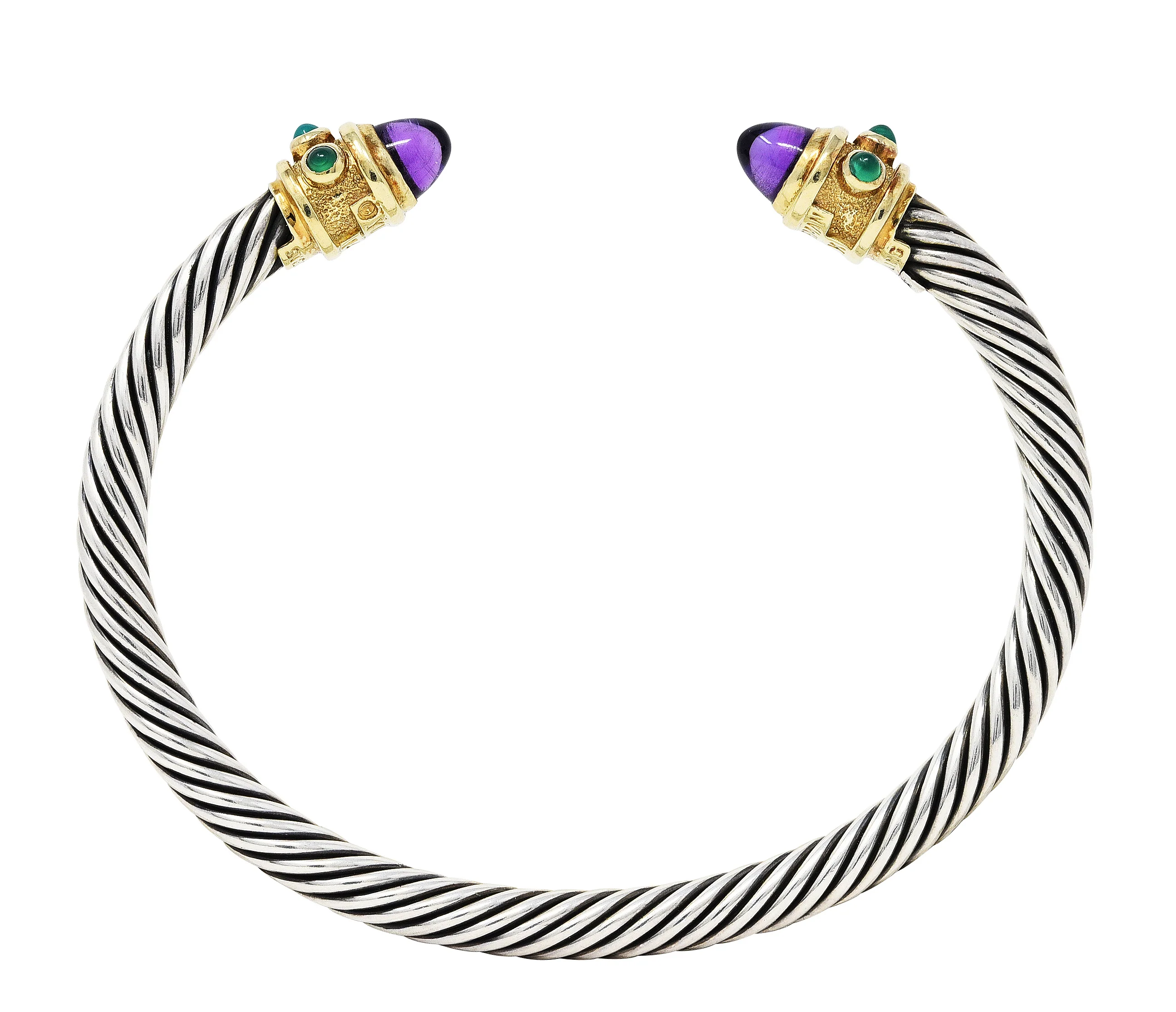 1990's David Yurman Amethyst Chrysoprase 14 Karat Gold Sterling Silver Renaissance Cuff Bracelet - Image 8