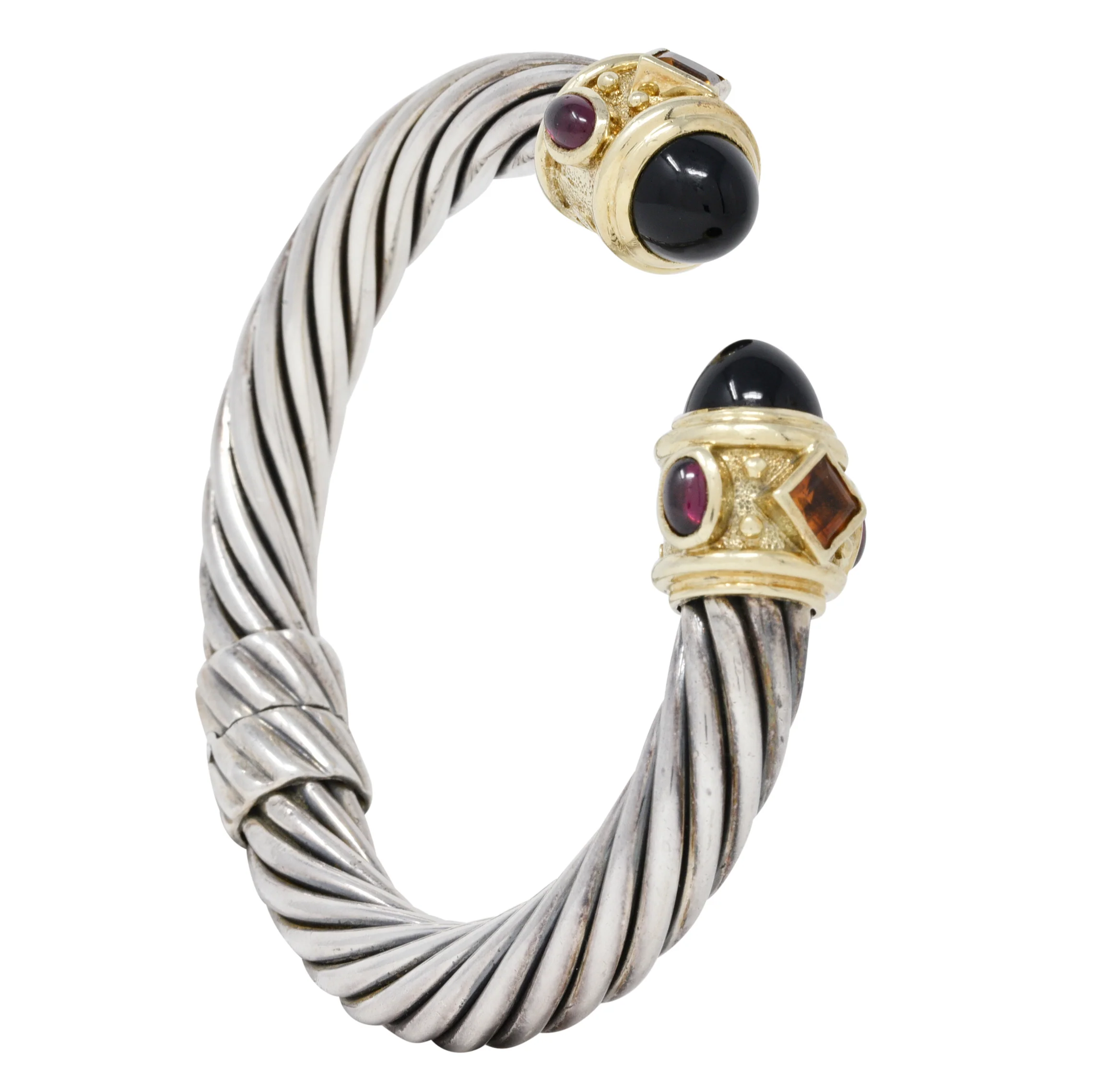 1990's David Yurman Amethyst Tourmaline Citrine 14 Karat Yellow Gold Sterling Silver Vintage Renaissance Cuff Bracelet - Image 10