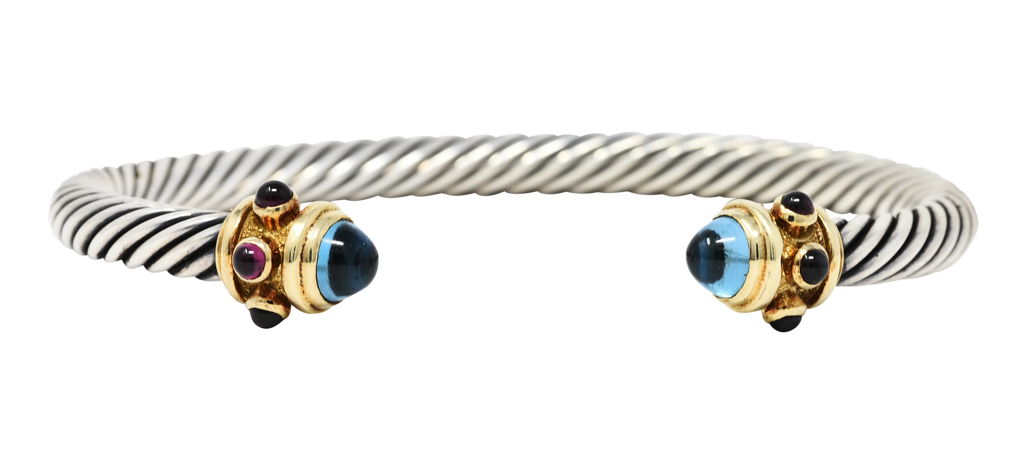 1990's David Yurman Blue Topaz Tourmaline 14 Karat Gold Sterling Silver Renaissance Cuff Bracelet - Image 2