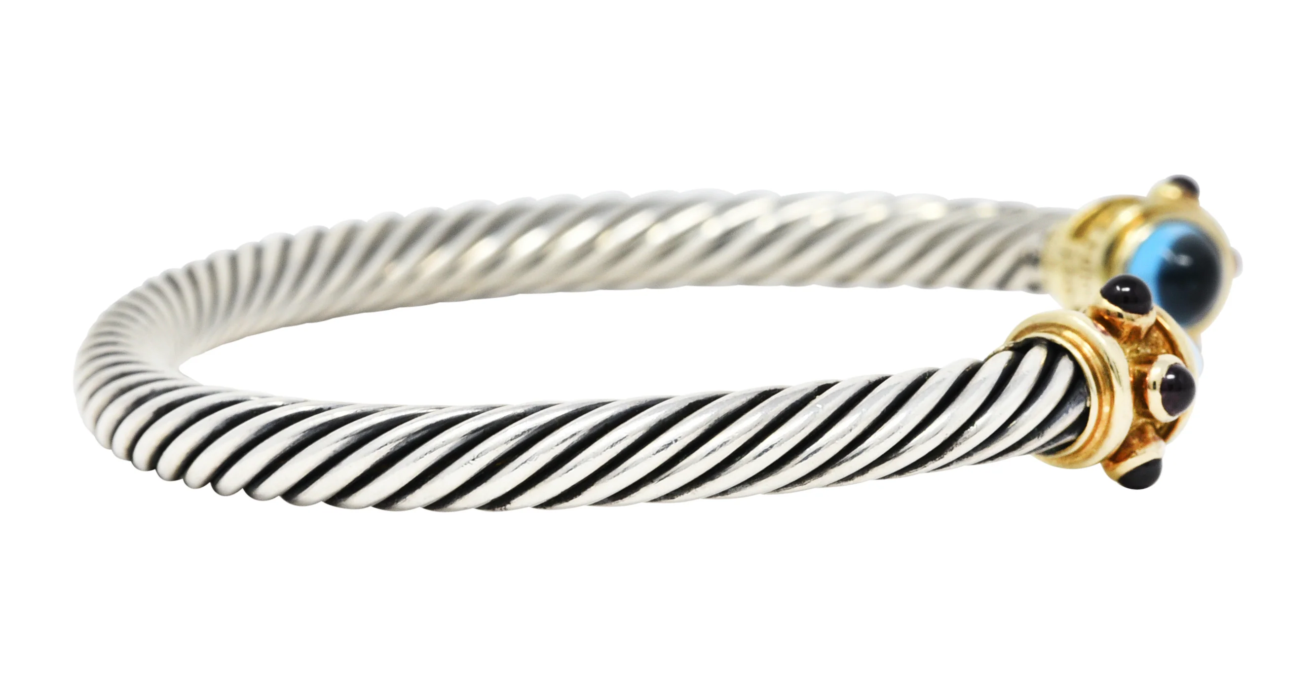 1990's David Yurman Blue Topaz Tourmaline 14 Karat Gold Sterling Silver Renaissance Cuff Bracelet - Image 3