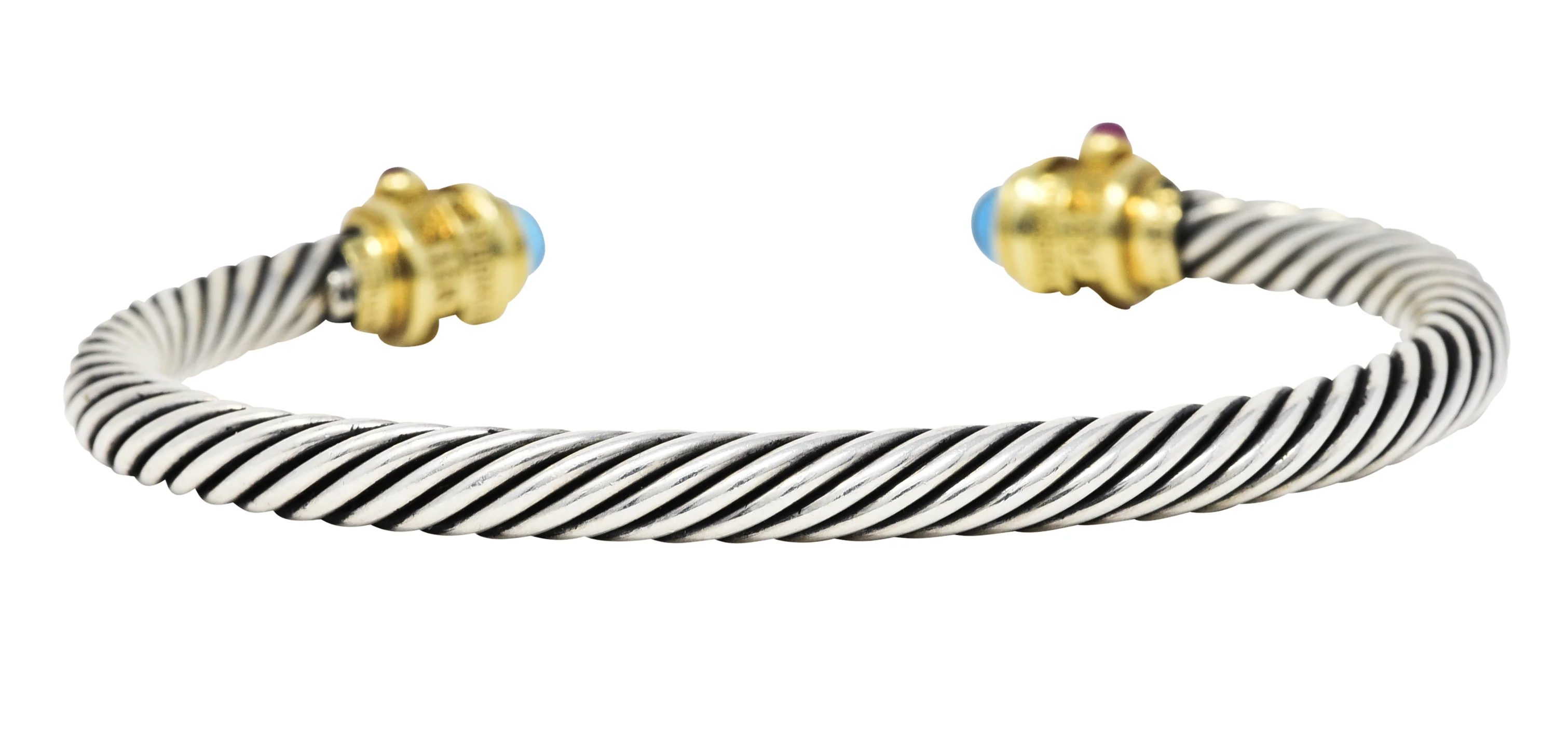1990's David Yurman Blue Topaz Tourmaline 14 Karat Gold Sterling Silver Renaissance Cuff Bracelet - Image 4