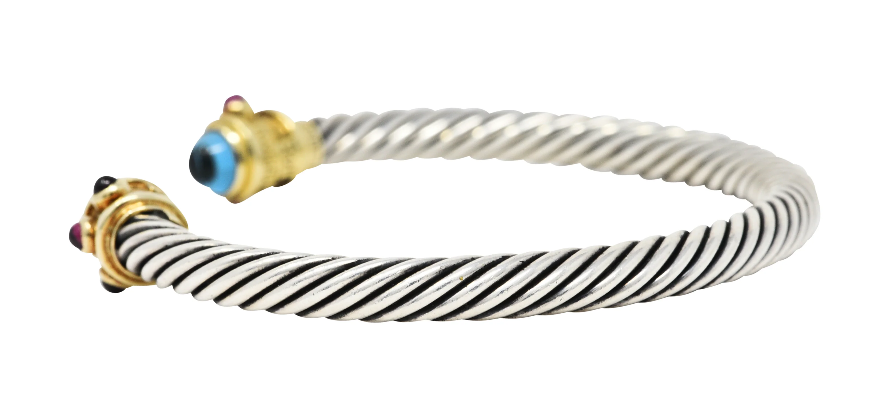 1990's David Yurman Blue Topaz Tourmaline 14 Karat Gold Sterling Silver Renaissance Cuff Bracelet - Image 5