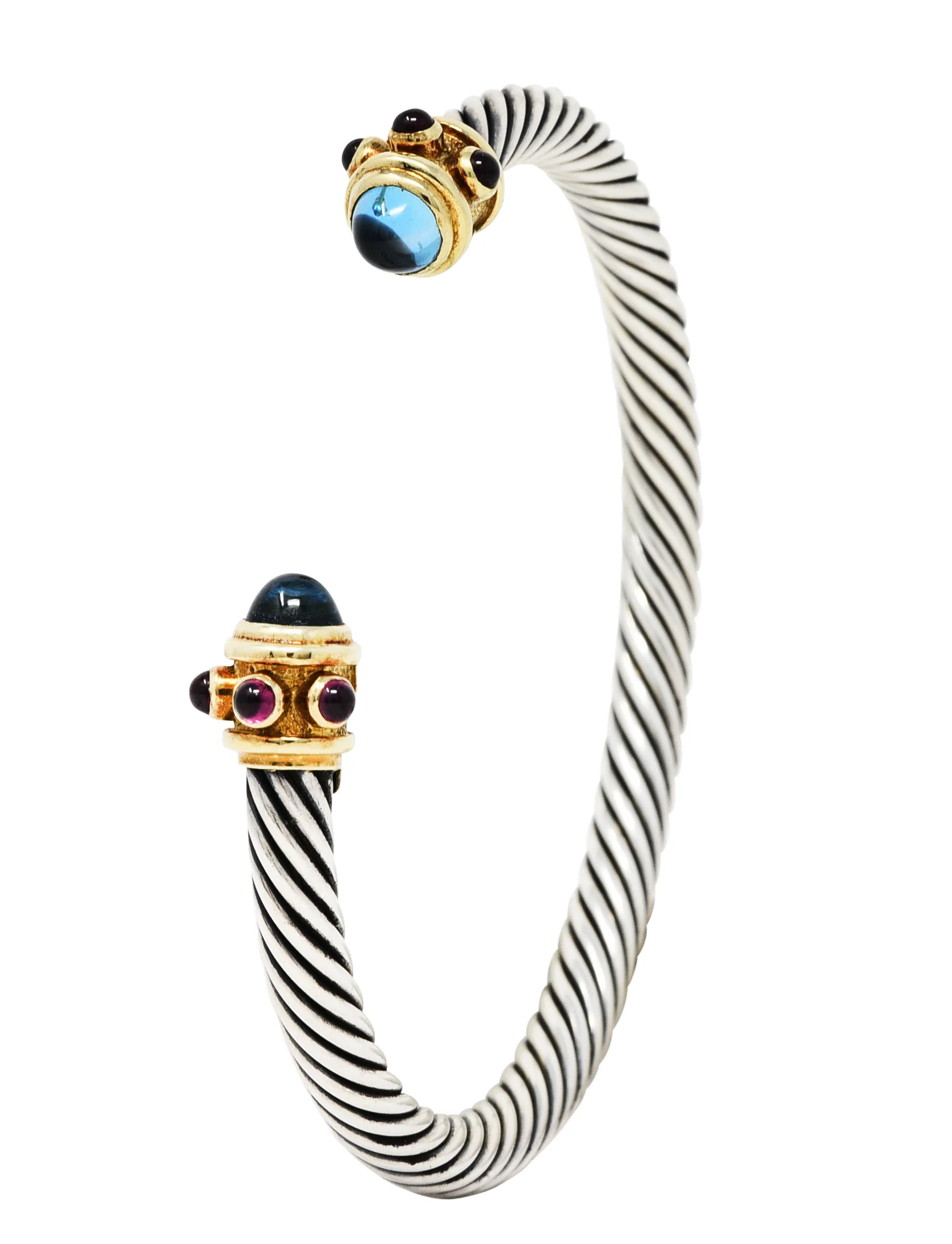 1990's David Yurman Blue Topaz Tourmaline 14 Karat Gold Sterling Silver Renaissance Cuff Bracelet - Image 8