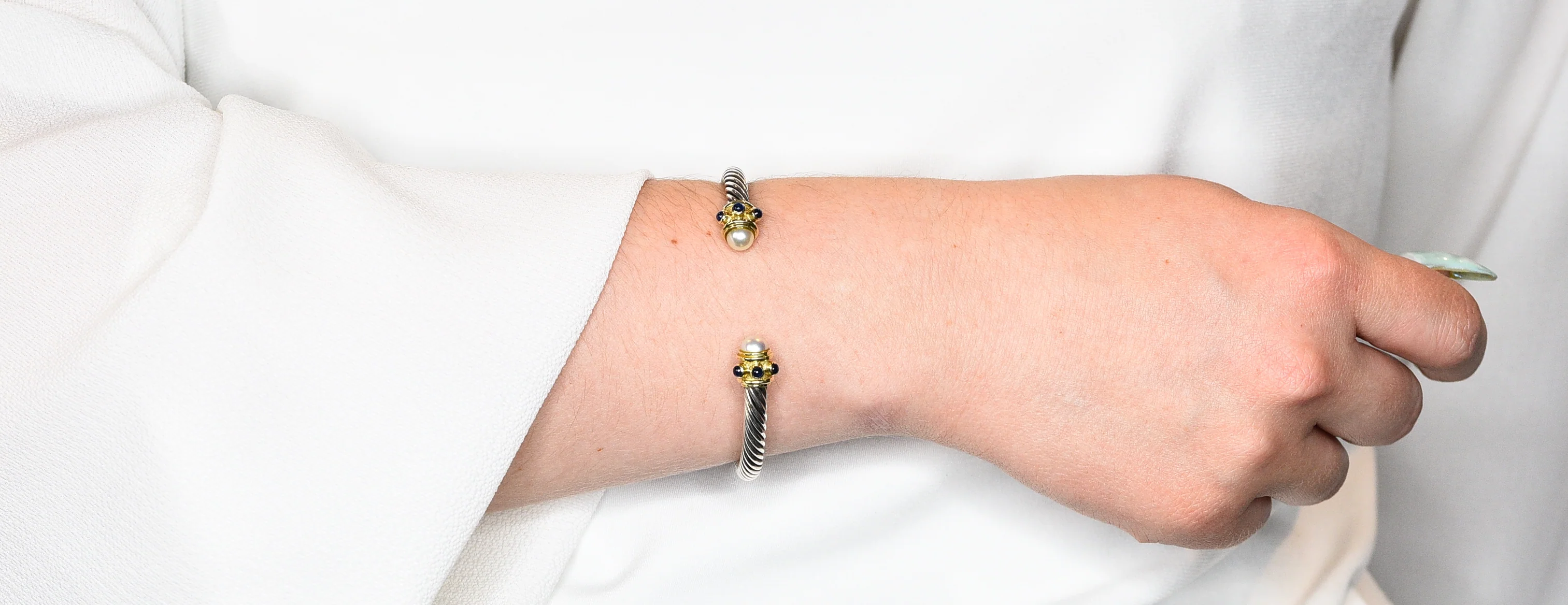 1990's David Yurman Sapphire Pearl 14 Karat Gold Sterling Silver Renaissance Cuff Bracelet - Image 10