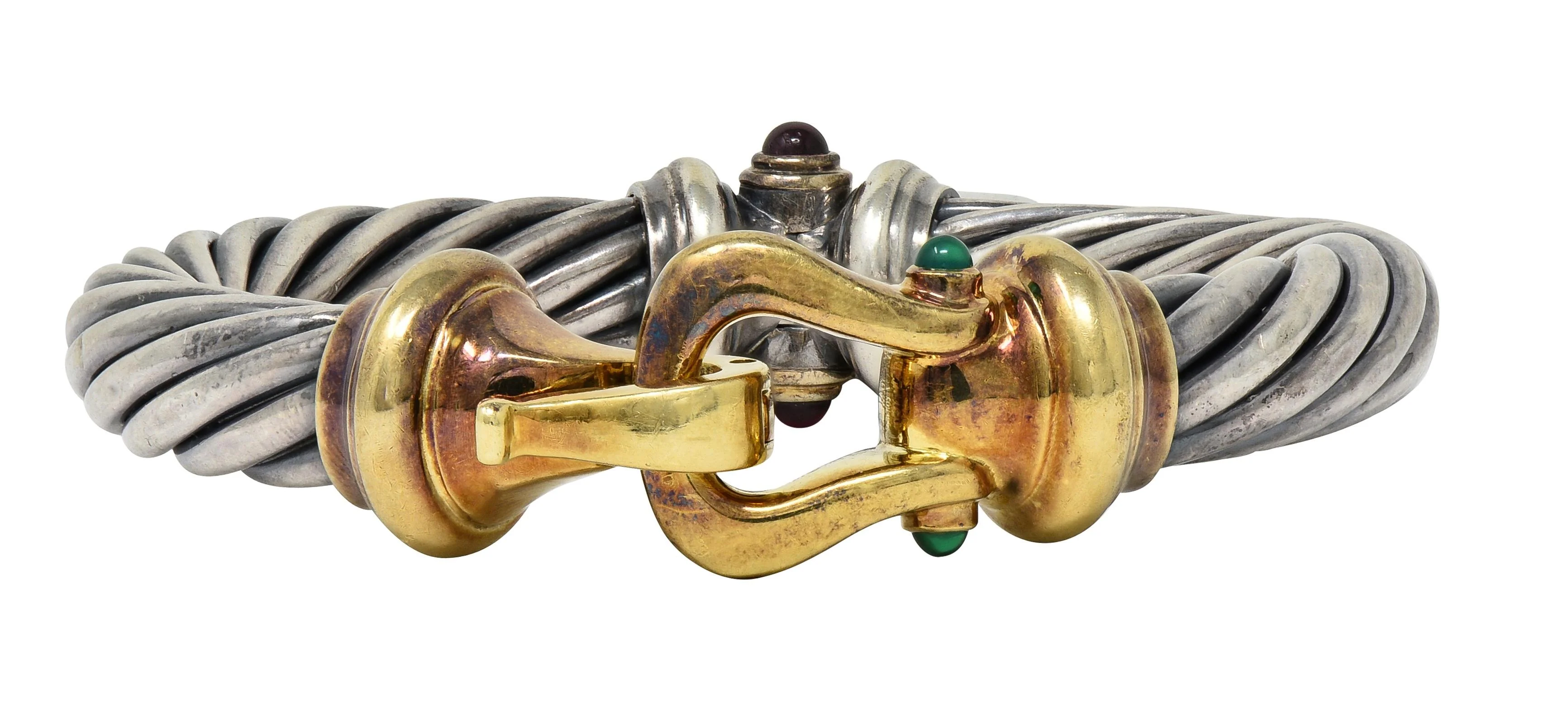 1990's David Yurman Tourmaline Chrysoprase 14 Karat Yellow Gold Sterling Silver Vintage Classic Cable Bangle Bracelet - Image 3