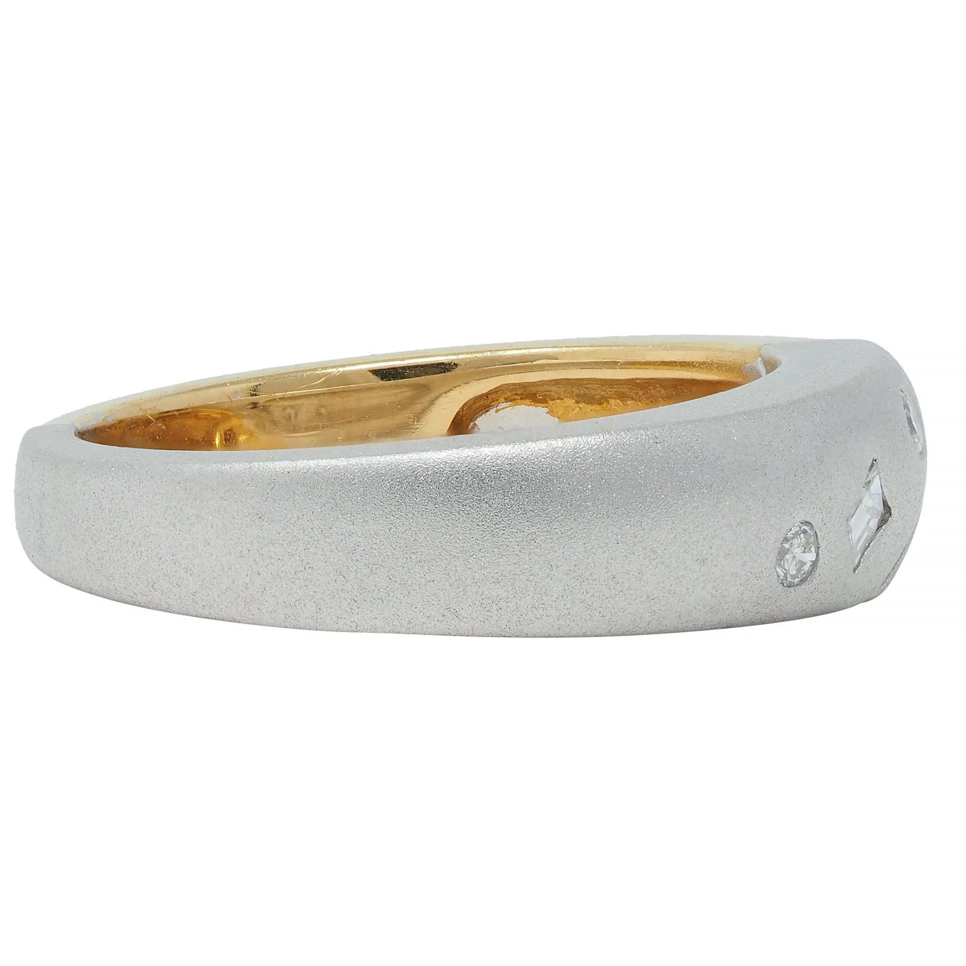 1990's Diamond Platinum 18 Karat Yellow Gold Split Vintage Band Ring - Image 3