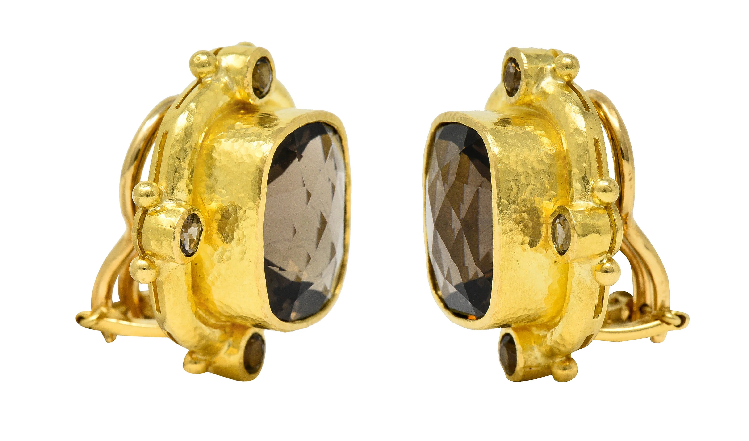1990's Elizabeth Locke Smokey Quartz 18 Karat Yellow Hammered Gold Earrings - Image 7