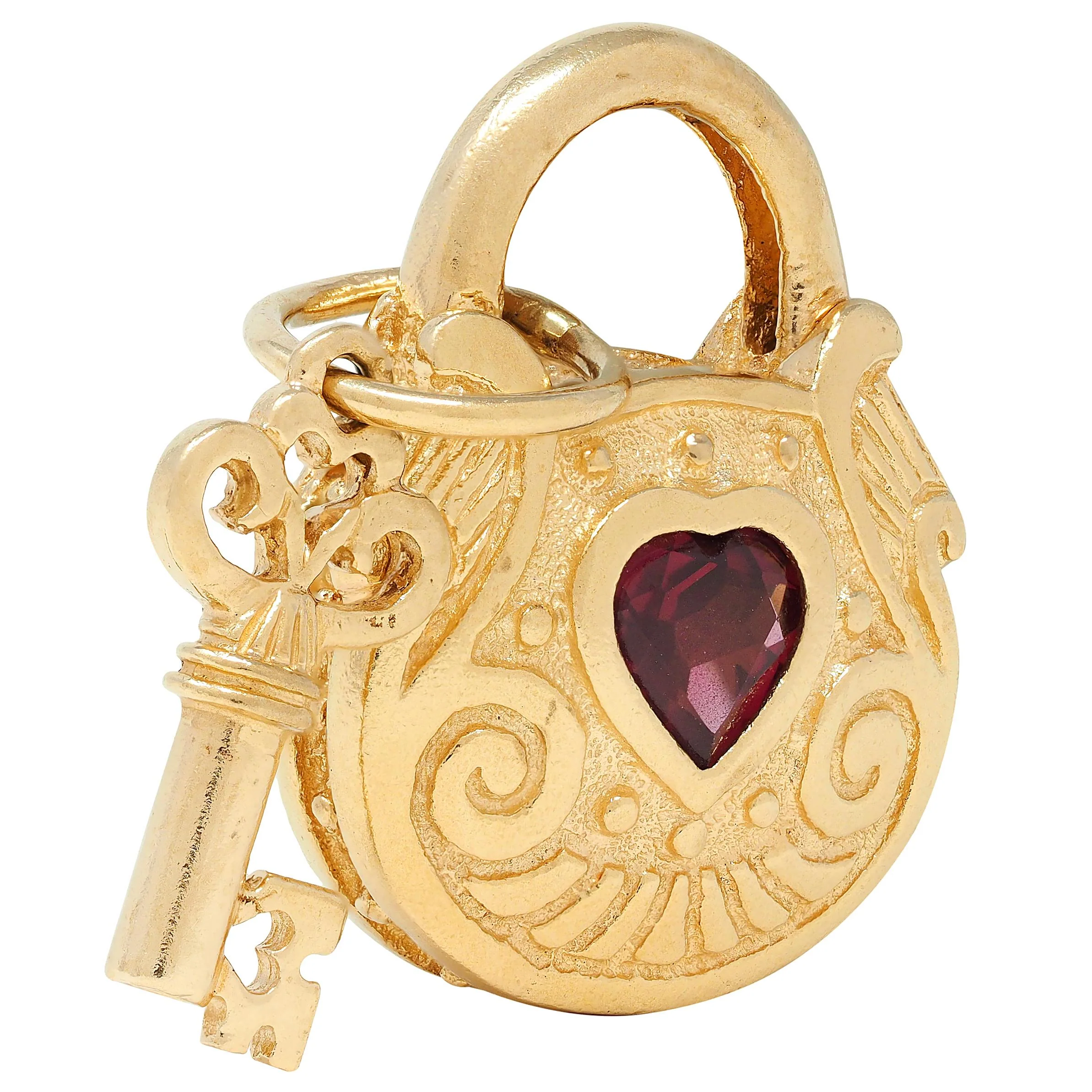 1990's Garnet 14 Karat Yellow Gold Vintage Lock & Key Pendant Charm - Image 2
