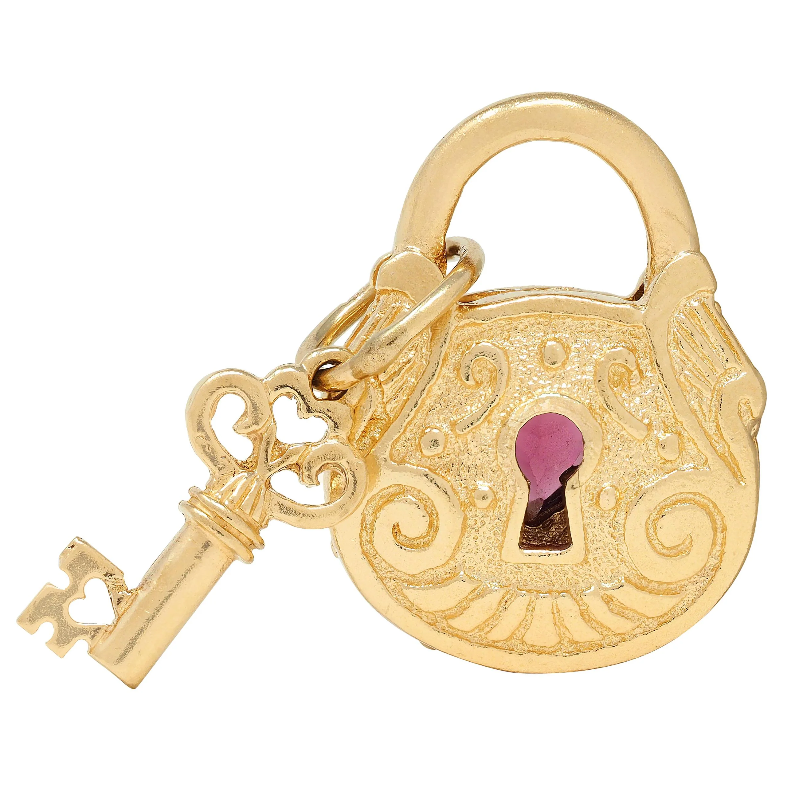 1990's Garnet 14 Karat Yellow Gold Vintage Lock & Key Pendant Charm - Image 3