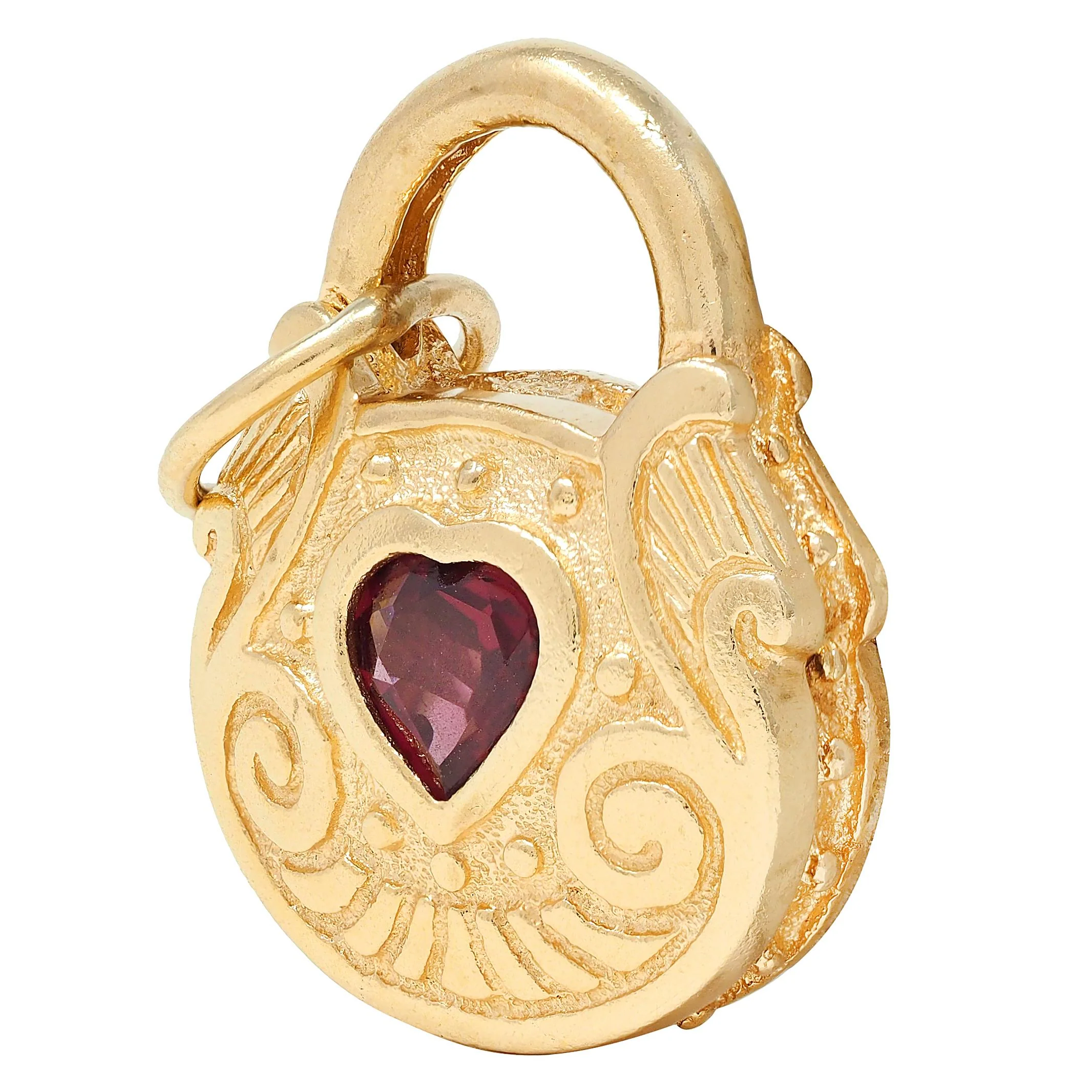 1990's Garnet 14 Karat Yellow Gold Vintage Lock & Key Pendant Charm - Image 4