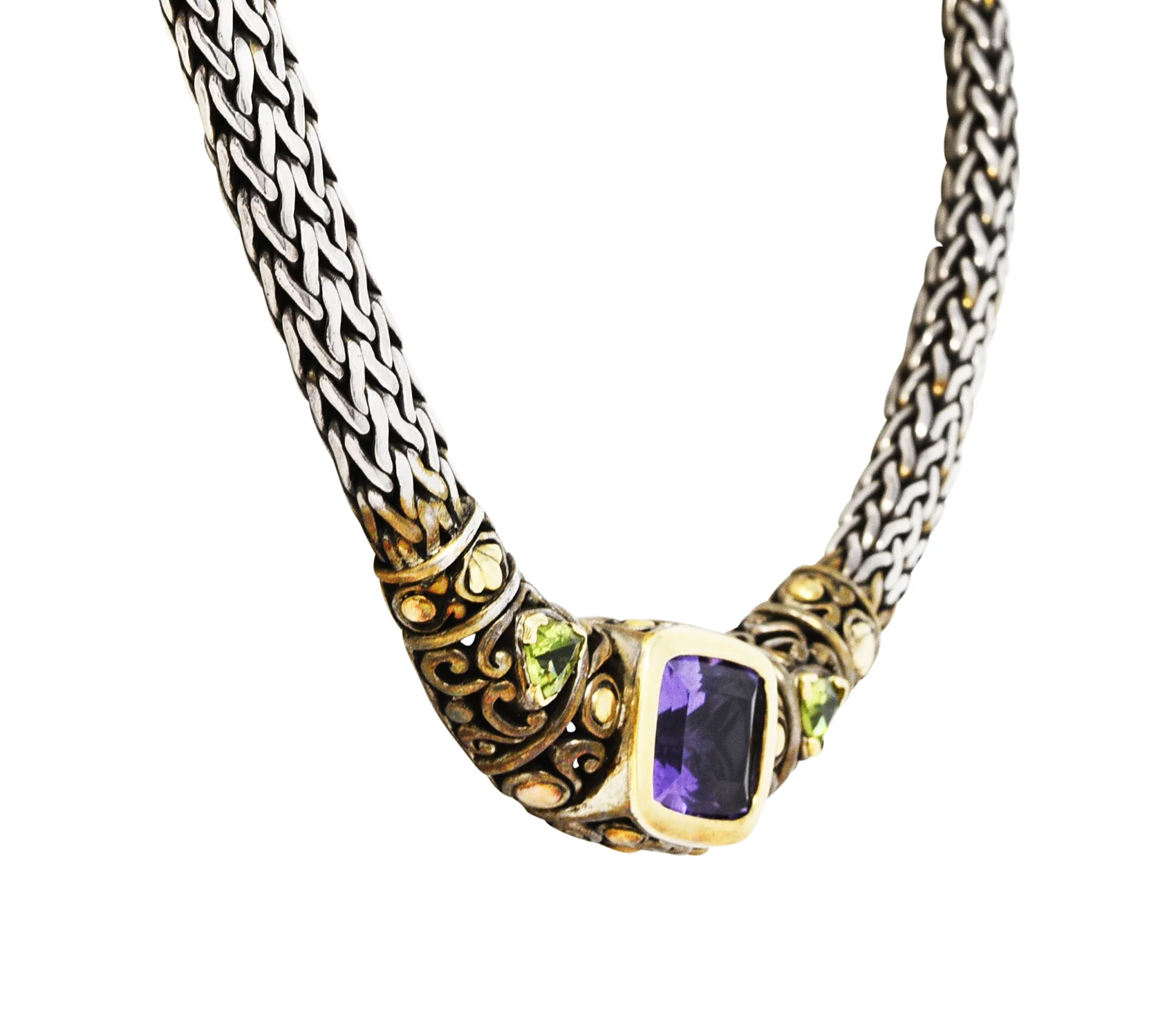 1990s John Hardy Amethyst Peridot 18 Karat Gold Sterling Silver Batu Sari Wheat Chain Necklace - Image 3