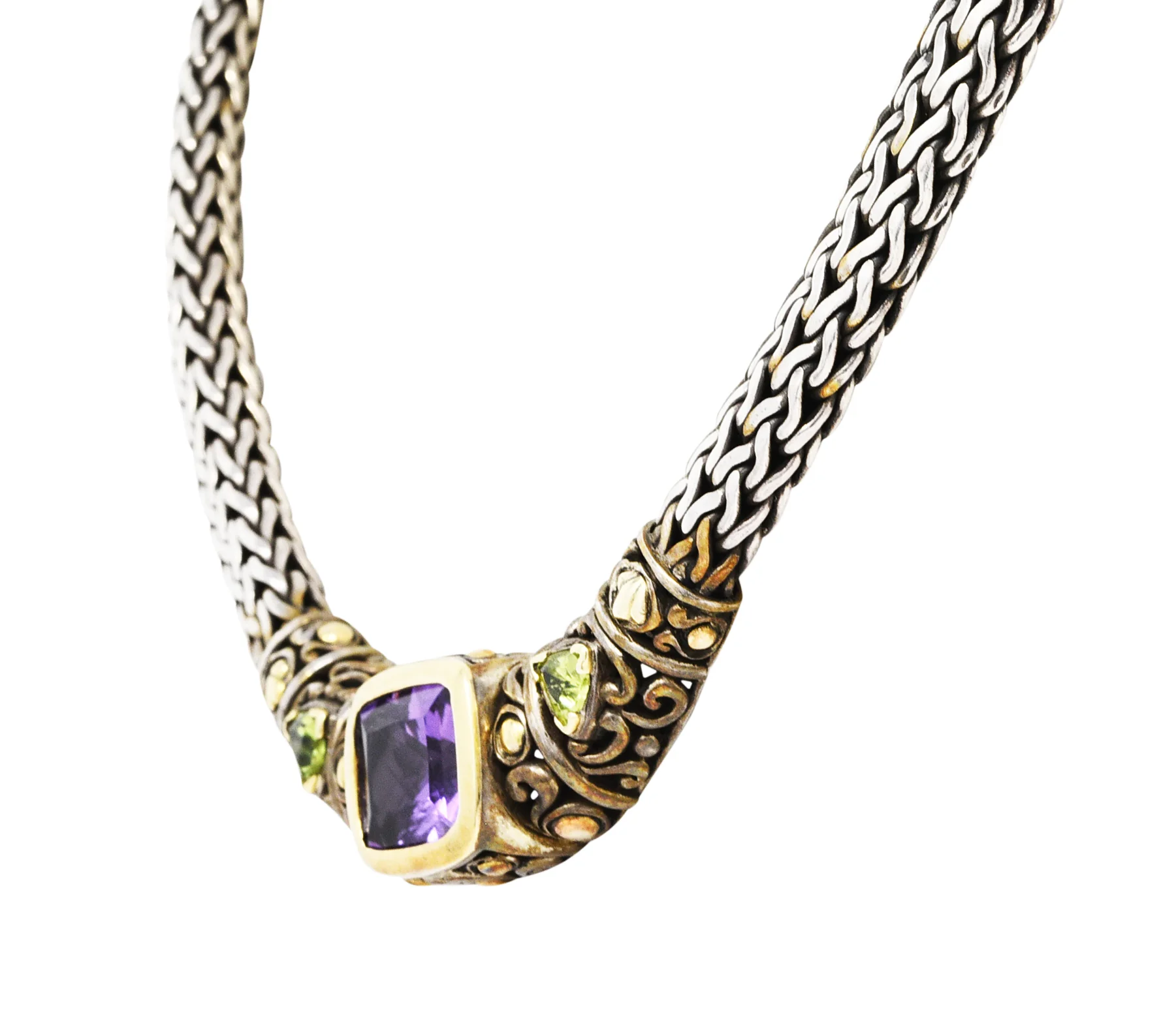 1990s John Hardy Amethyst Peridot 18 Karat Gold Sterling Silver Batu Sari Wheat Chain Necklace - Image 5